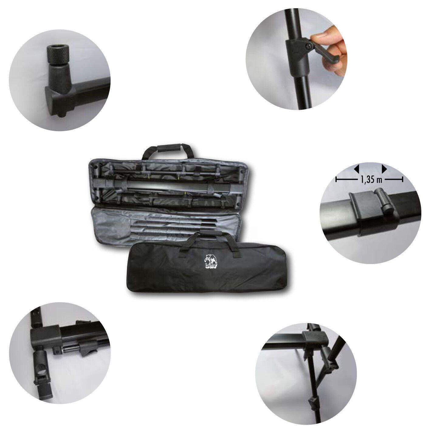 Behr Rutenständer Aluminium Rod Pod mit 3er Buzzer Bars + Tasche - Karpfen Angeln, (bis 1,35m ausziehbar)