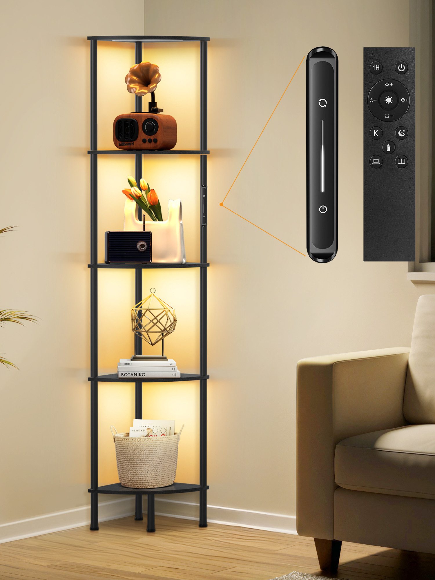 OUTON Stehlampe LED-Bücherregal im Vintage-Stil, 5 Ebenen, dimmbar, 3000K–6500K, gelb/schwarz