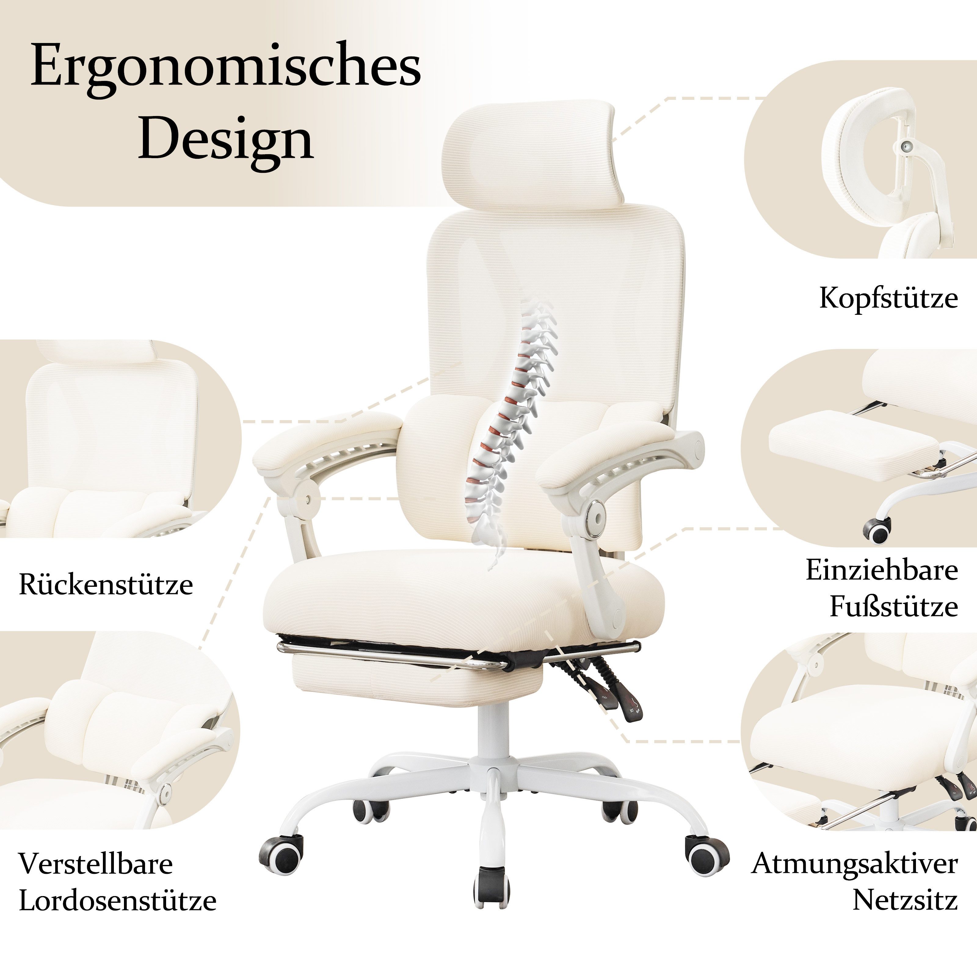 UEV Bürostuhl Ergonomisch mit Fußstütze mesh Dynamischer Lordosenstütze (Homeoffice Stuhl, Drehstuhl, Schreibtischstuhl), neigbar bis 135°, bis 150 kg belastbar – Bild 5 von 5
