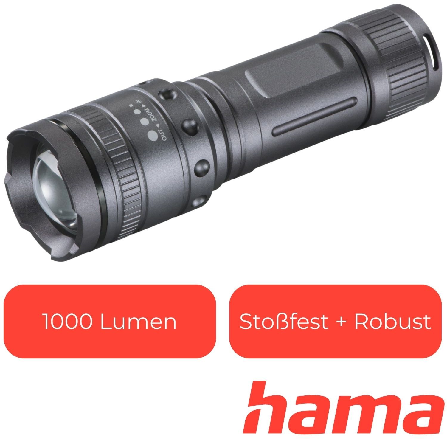 Hama LED Taschenlampe Ultra Pro LED Taschenlampe 1000 Lumen Zoom (1-St), Super Hell Fackel Taktisches Licht Wasserfest Camping Outdoor 200m