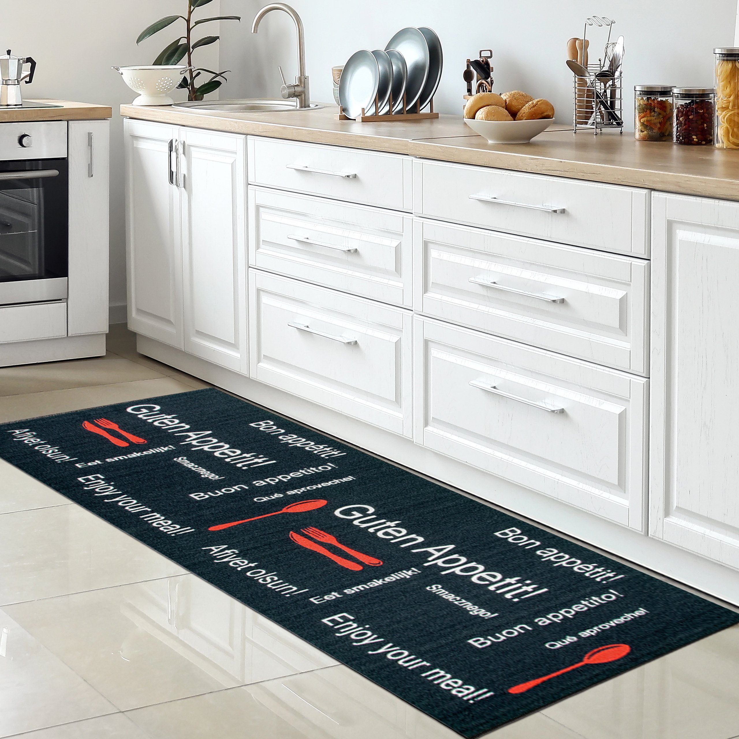 Teppich Küchenläufer in schwarz mit Gelrücken und weiß & rotem Schriftzug, Carpetia, rechteckig, Höhe: 5 mm | Kurzflor-Teppiche