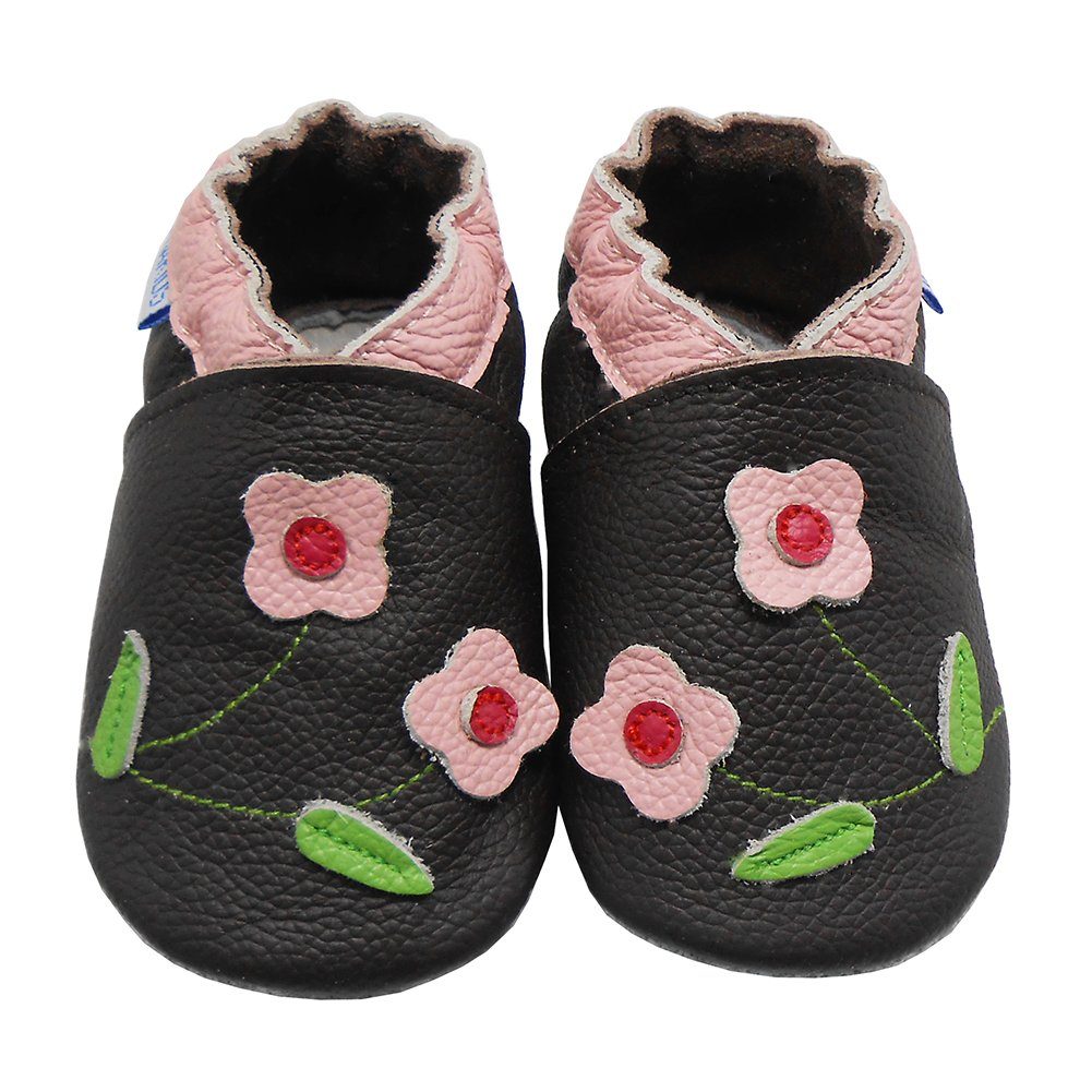 Lederpuschen Dunkelgrau Blumen Yalion Weiche Lauflernschuhe Leder Hausschuhe Krabbelschuh