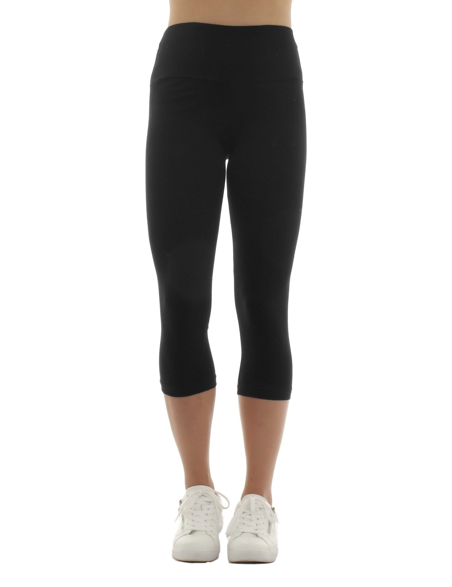 F&K-Mode Caprileggings Damen Capri 3/4 Leggings hoher Bund Baumwolle Hose hoher Bund schwarz