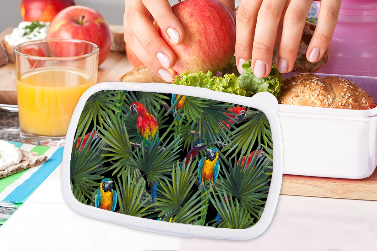 Muster, Brotdose, Mädchen Lunchbox Brotbox für Kinder Erwachsene, Papagei Dschungel (2-tlg), Jungs - - für und und Kunststoff, weiß MuchoWow