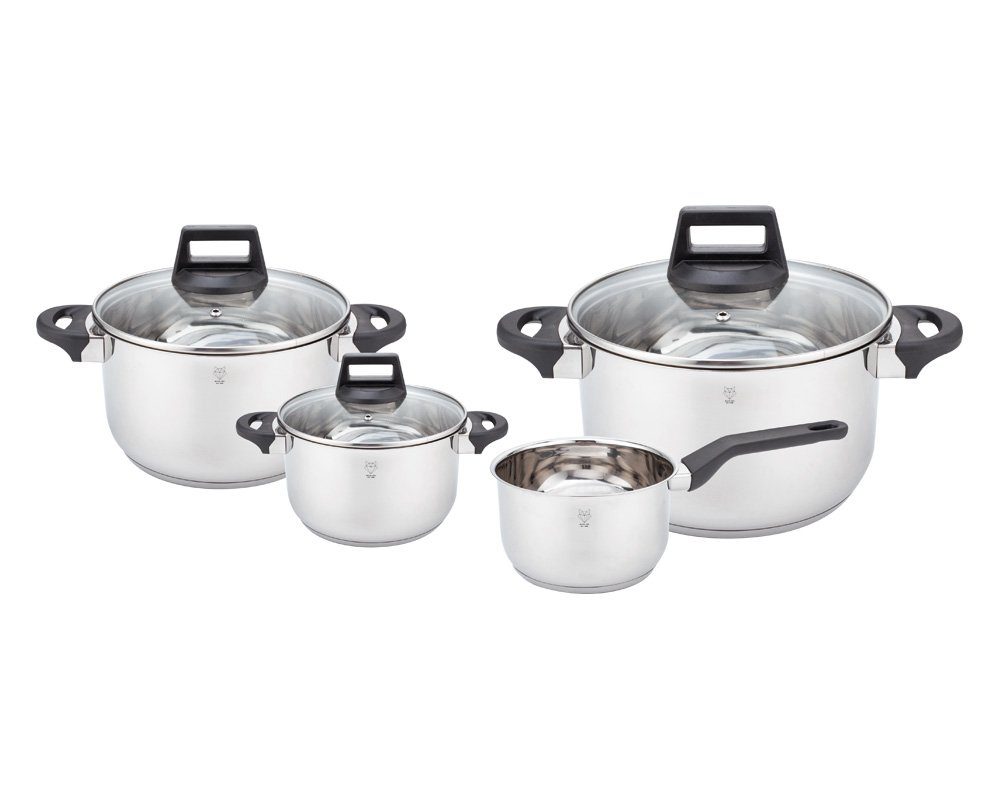 Gustav Voss Topf-Set Kochtopfset Edelstahl Kochtopf Induktionskochtopf, Edelstahl (Topfset, 7-tlg., 1 Stielkochtopf + 3 Kochtöpfe mit Glasdeckel), Induktion spülmaschinengeeignet Literskala
