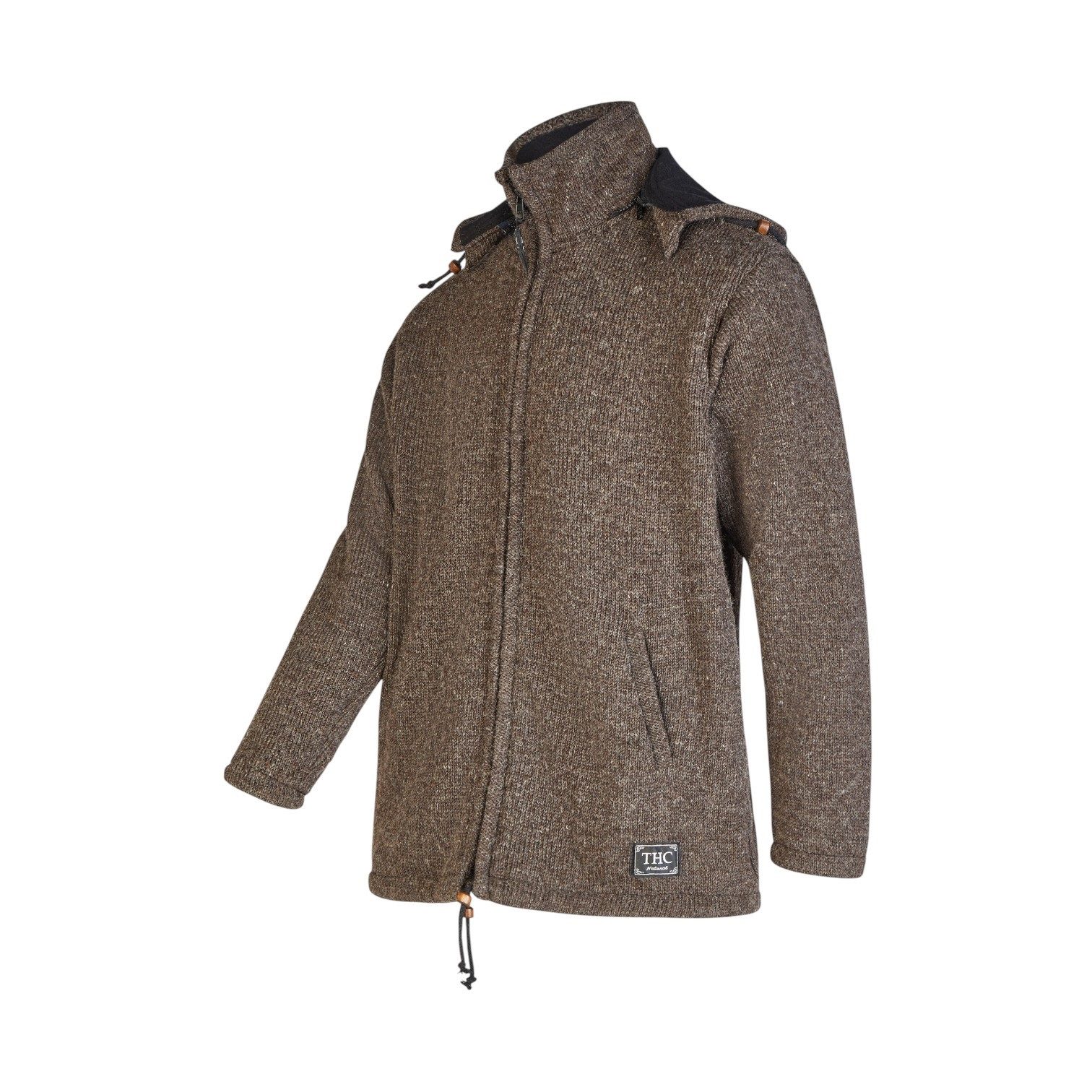 THC Natural Line Strickjacke THC Schafwollstrickjacke Baumwollfutter 856 braun (1 Stück, 1-tlg., 1 Stück) Strickjacke mit abnehmbarer Kapuze