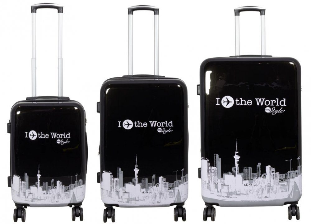 MONOPOL® Kofferset Kofferset 3tlg Reisekoffer Polycarbonat Hartschal Fly the world black