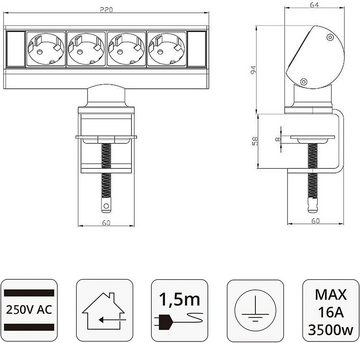 Elbe Inno Steckdosenleiste 4-fach (4 Fach, Überspannungsschutz, Kindersicherung), 1,5 m Anschlusskabel, für Büro, Werkstatt, Küche