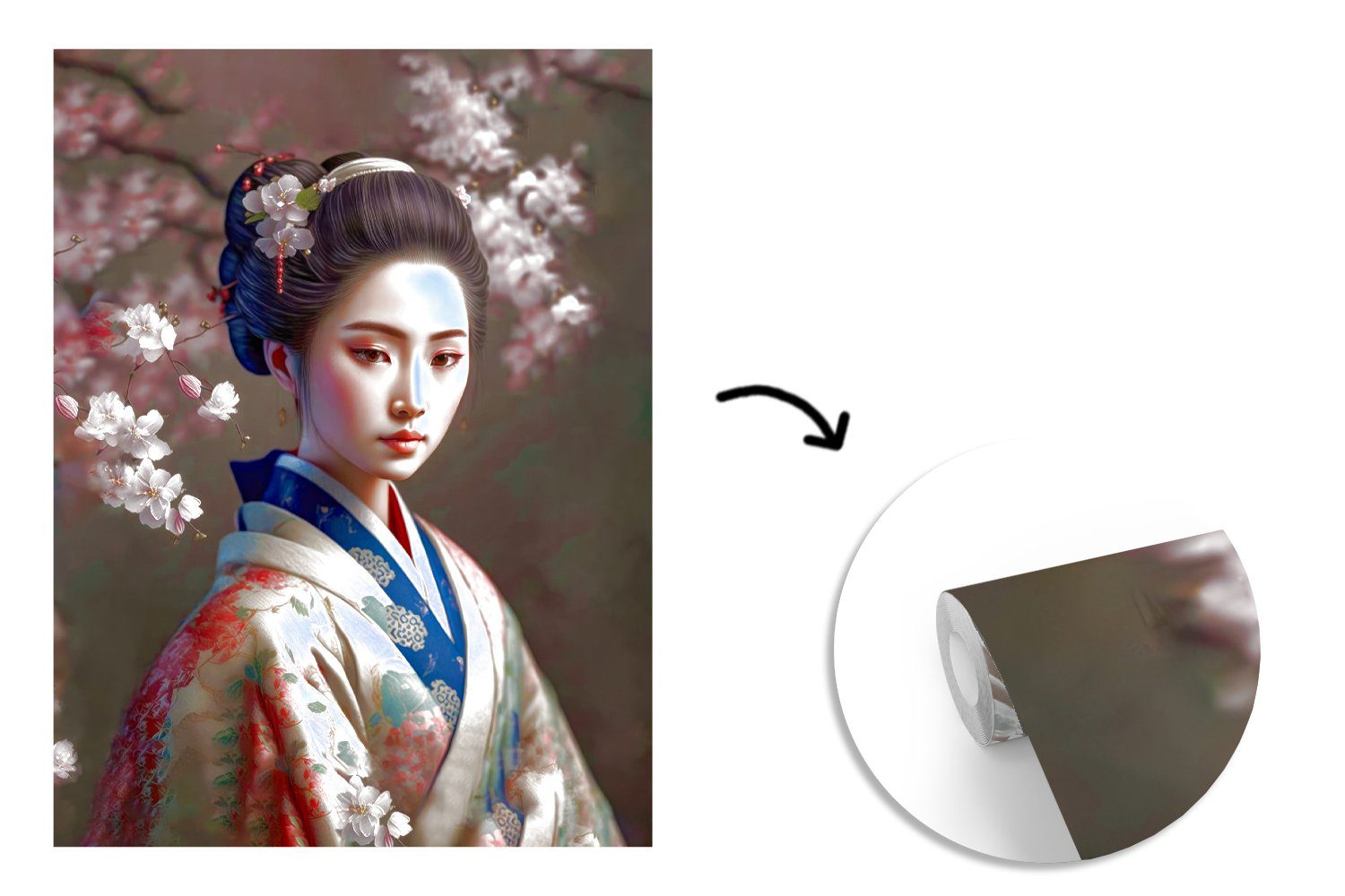 Fototapete Wohnzimmer, Montagefertig MuchoWow Kimono - Tapete für Frau St), Asiatisch Vinyl - Matt, bedruckt, Porträt, Wandtapete - Sakura - (4