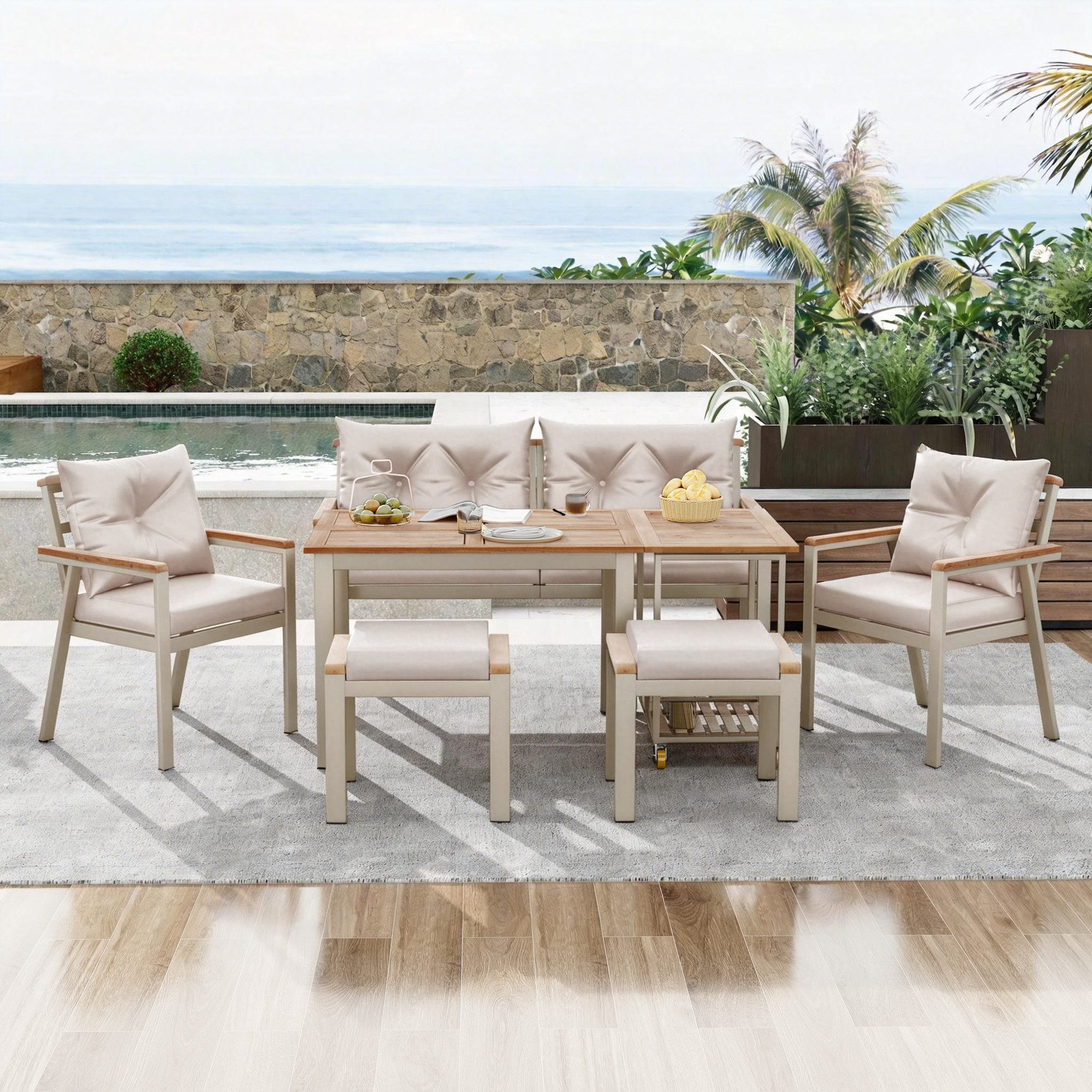 Merax Gartenlounge-Set Akazienholz Esstisch-Set für 6-7 Personen, (abnehmbare und waschbare Kissenbezüge, 7-tlg., Ideal für Terrasse, Garten, Balkon), 6-Sitzer Gartenmöbel mit 2 Stühlen, 2 Hockern, Sofa und Servierwagen