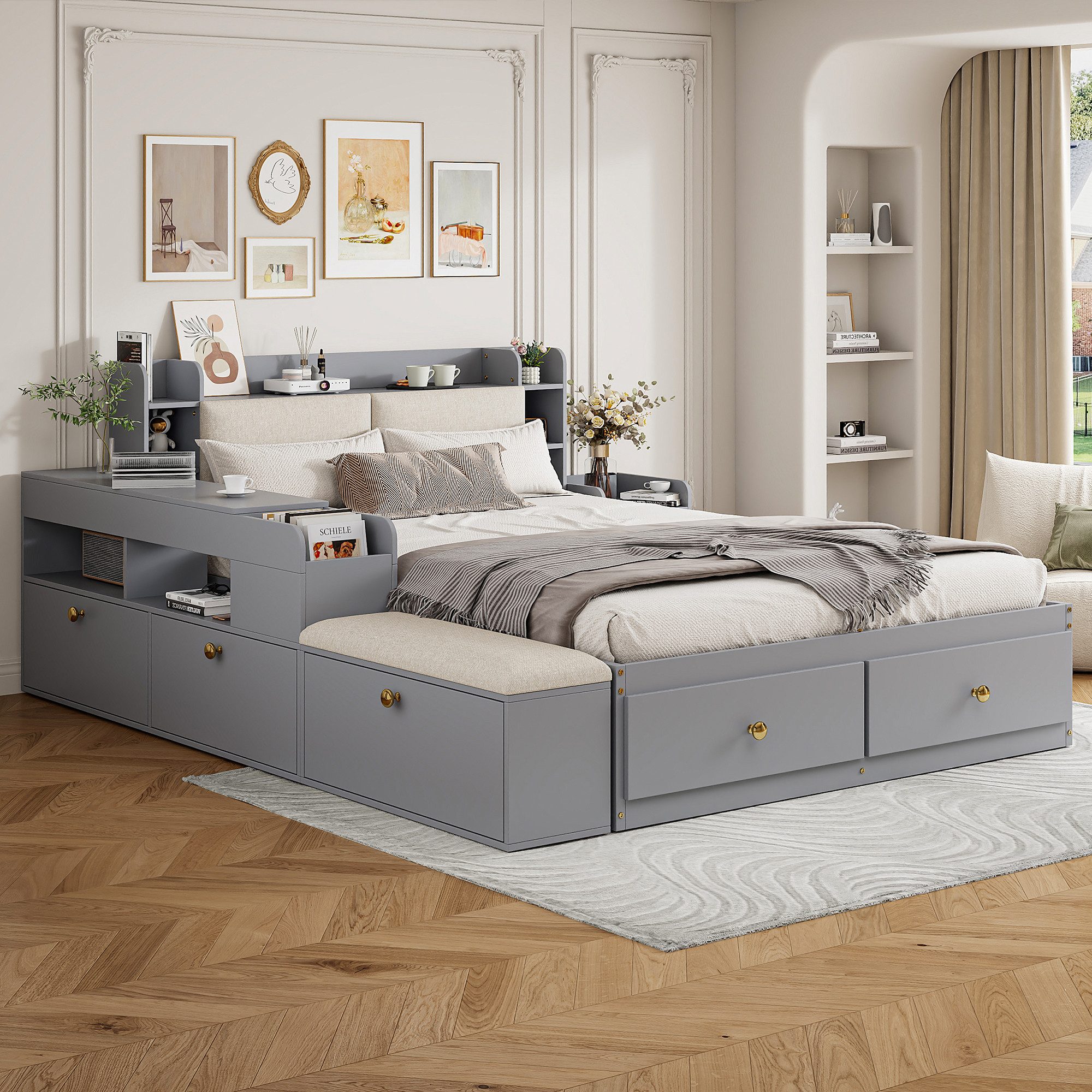 STILVORA Bettgestell 140×200 Jugendbett mit Nachttisch&Stauraum,Funktionsbett ohne Matratze