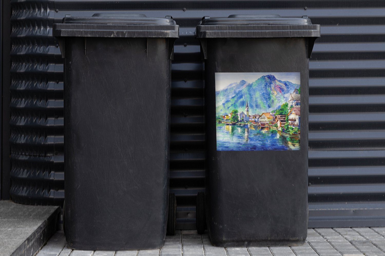 MuchoWow Wandsticker Mülleimer-aufkleber, Ölfarbe Berge Gemälde - - Mülltonne, Haus St), (1 Container, Wasser Abfalbehälter - Sticker, 
