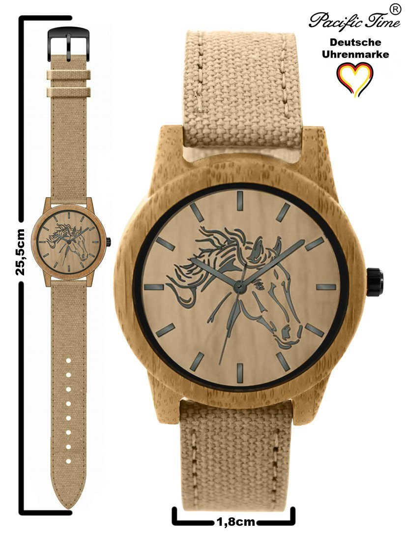 Pacific Time beige Versand Canvas Holz analog Pferd Gratis Armband, Damenuhr Quarzuhr