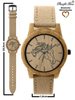 Pacific Time Quarzuhr Damenuhr analog Pferd Holz Canvas Armband, Gratis Versand