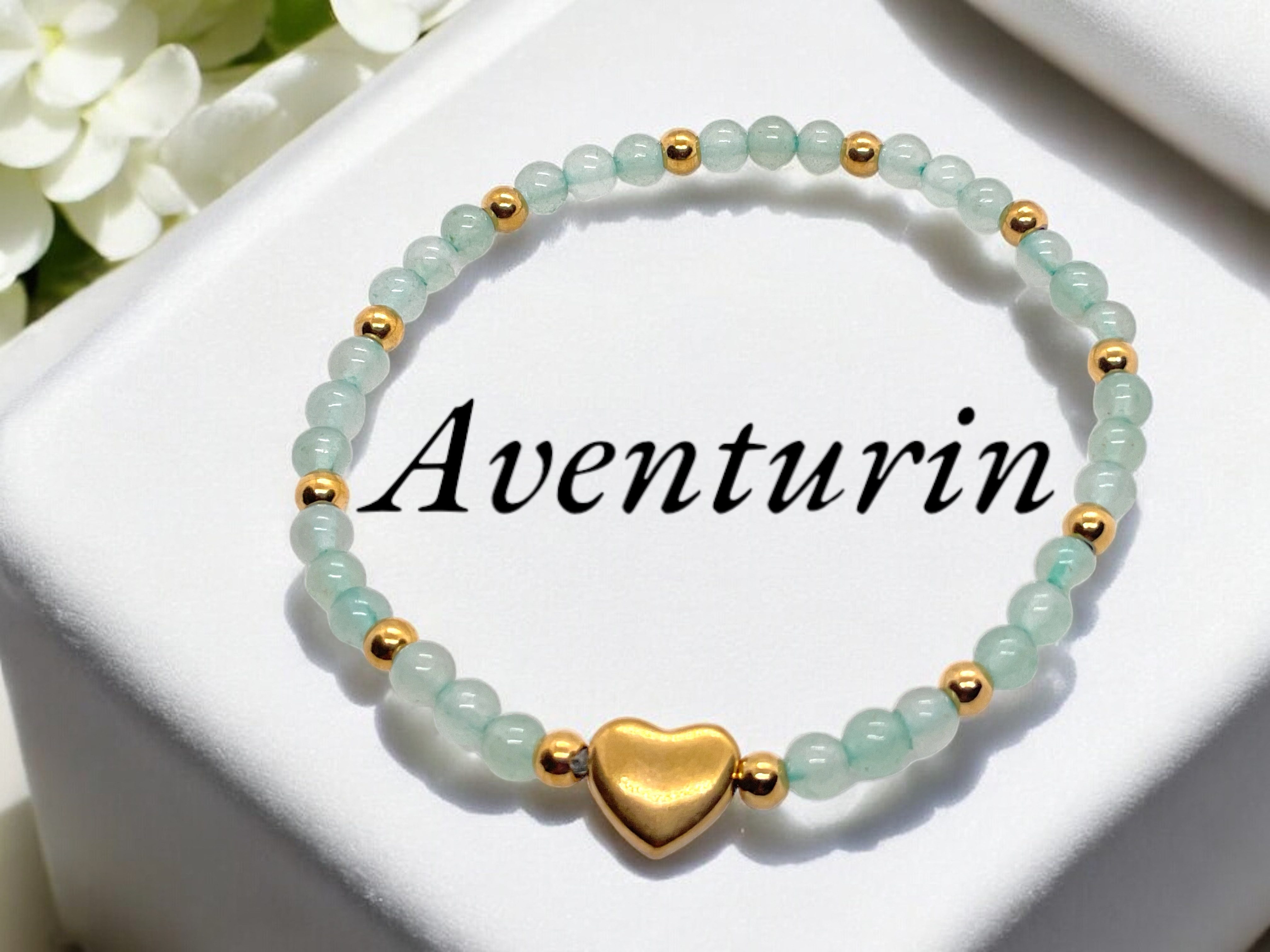 Steinfixx® Perlenarmband Grüner Aventurin Armband 4mm mit Messingherz und Geschenkbox (mit 12 Messingperlen je 4mm, 1-tlg., AAA-Qualität), incl. Edelsteinkarte
