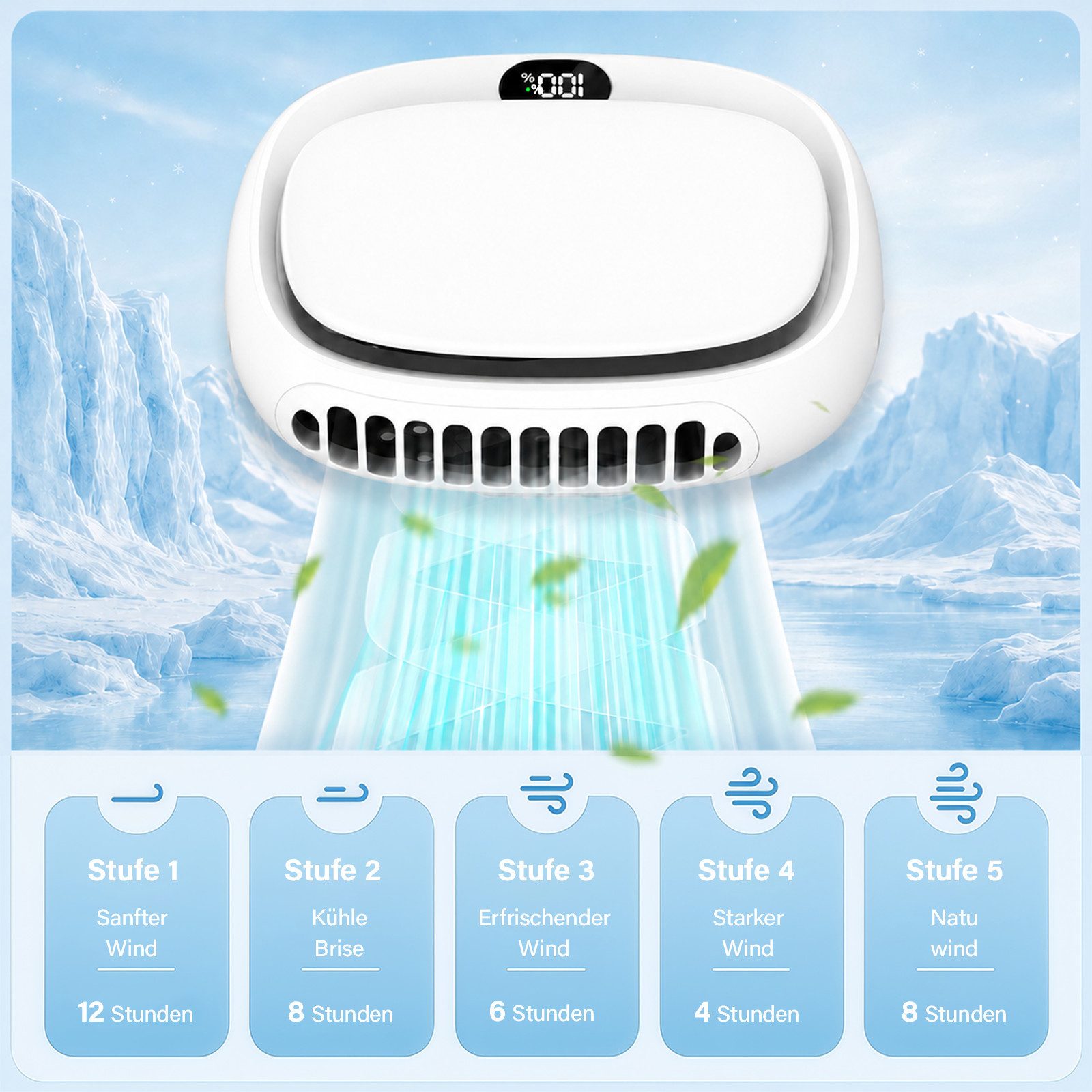 MOPUEA Turboventilator Mini Ventilator 4-in-1 Design, 5 Stufen, LED-Display,10h Halsventilato