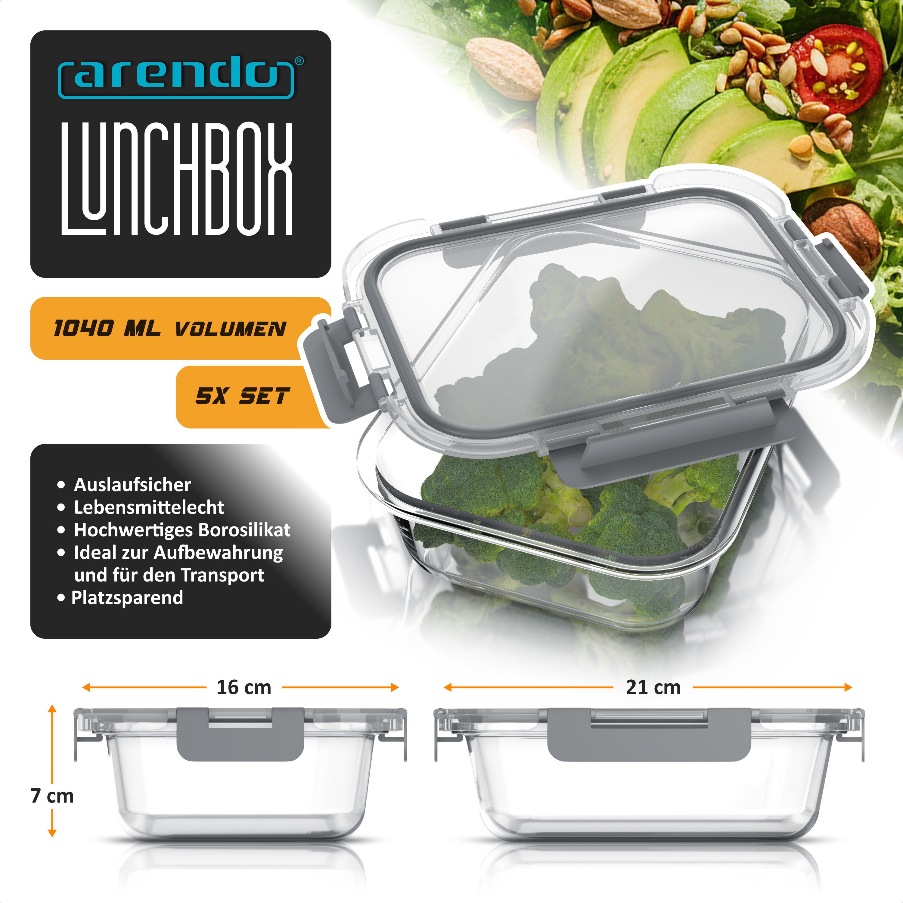 Arendo Frischhaltedose 5x Vorratsdosen Rechteckig 1040 ml für Meal Prep / Lebensmittel, Borosilikatglas, (Set, 5-tlg., 5er Set Glas-Frischhaltedosen mit Deckel), Mikrowellen-, Ofen-, Gefrier- & spülmaschinengeeignet, luftdicht