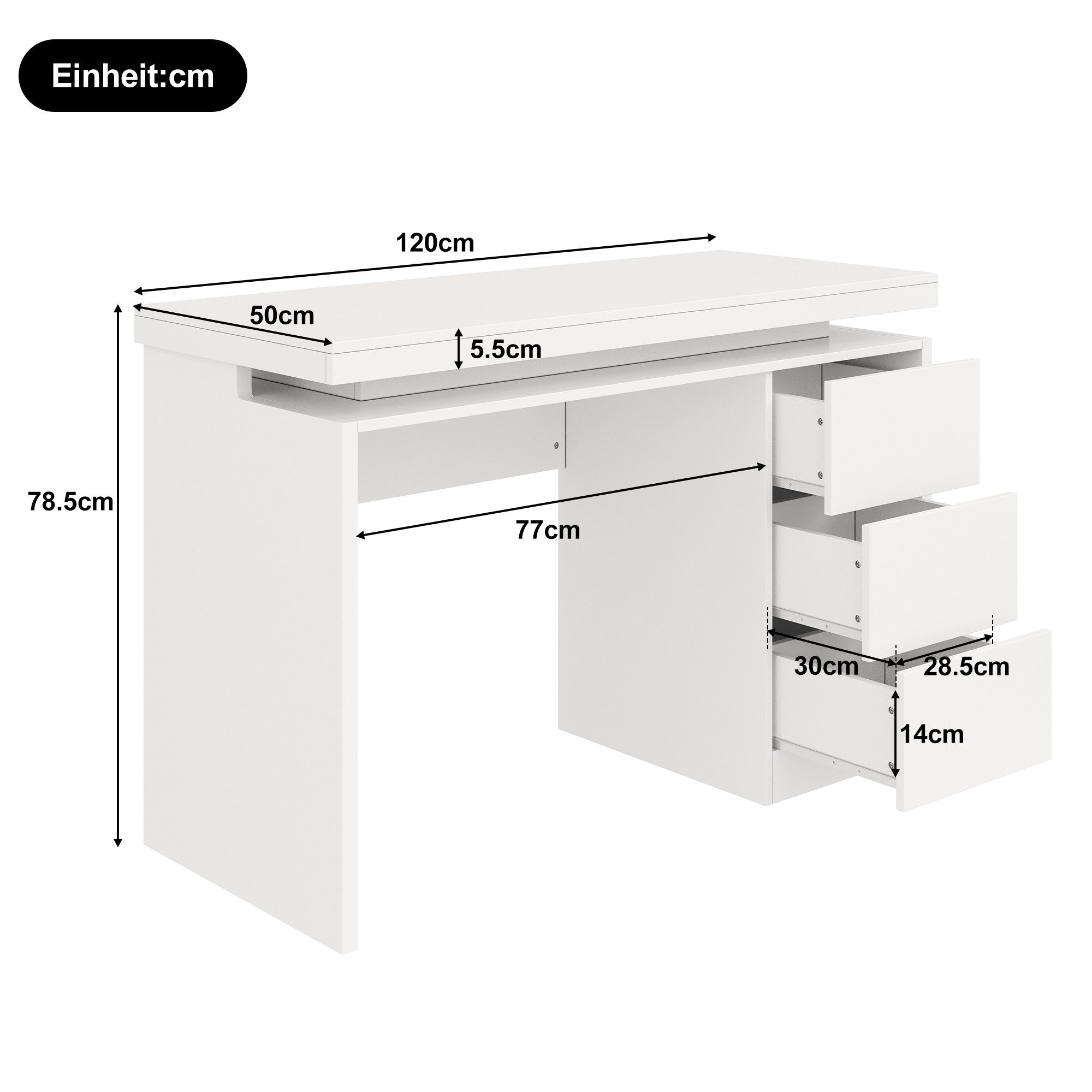 BlingBin Schreibtisch 120x50 cm mit 3 Schubladen und LED (1-St., Homeoffice-Tisch mit großer Arbeitsfläche, Weiß), für Homeoffice, Arbeitszimmer und Büro