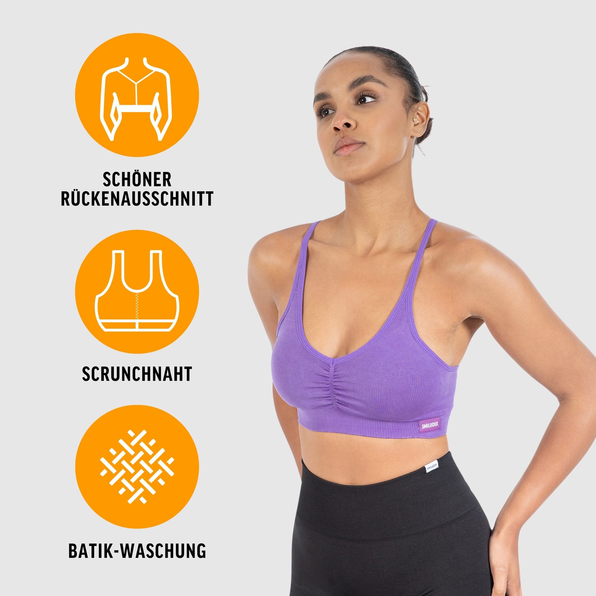 Smilodox Sport-BH Batik Scrunch Icon, Push Up BH ohne Bügel V-Ausschnitt Fitness Shaped Fit Sport Bra Herausnehmbare Cups Verstellbare Träger Yoga Gym