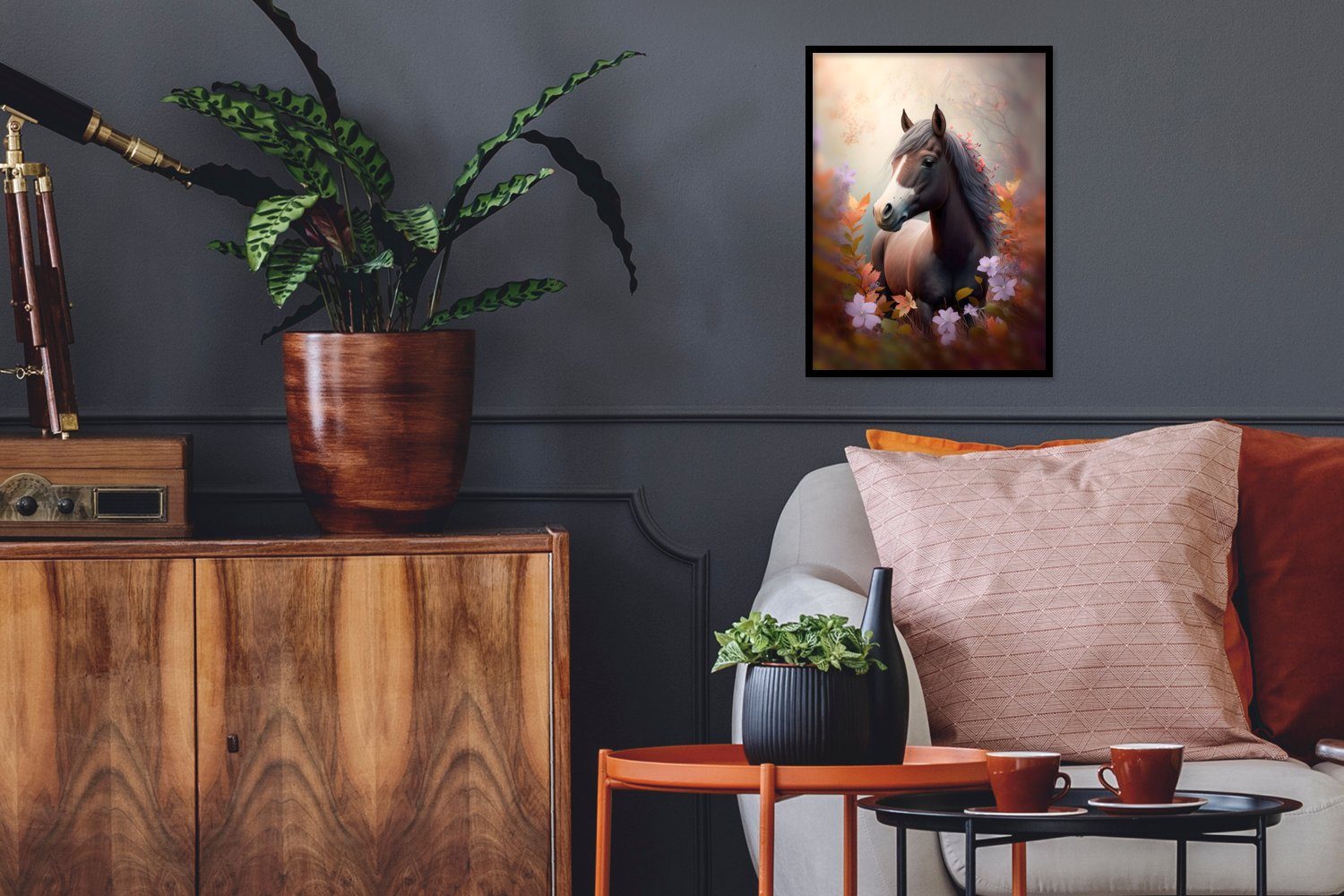 MuchoWow Poster Pferd - Blumen - Natur - Lila - Tiere, (1 St), mit Rahmen, Kunstdruck, Gerahmtes Poster, Schwarzem Bilderrahmen