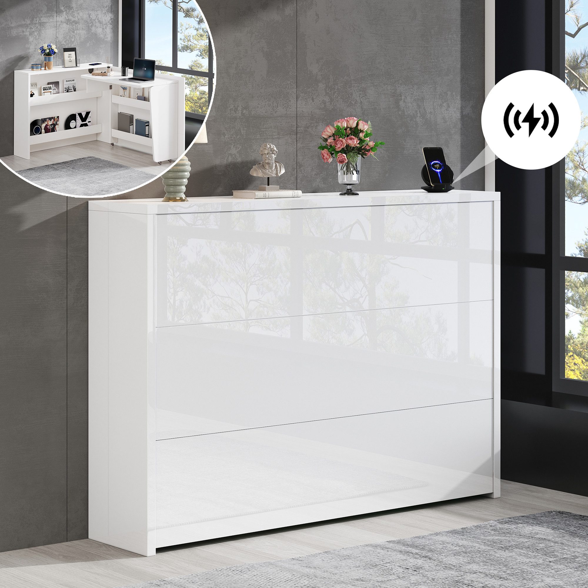 MODFU Eckschreibtisch mit kabellosem Laden, 95x51 cm (Faltbarer Computertisch, Bremse-Schreibtisch, 1-St., 115×27×93 cm + 95×51 cm Tischfläche), mit Rollen, Kabelloses Ladegerät, Anti-Kipp-Sicherung