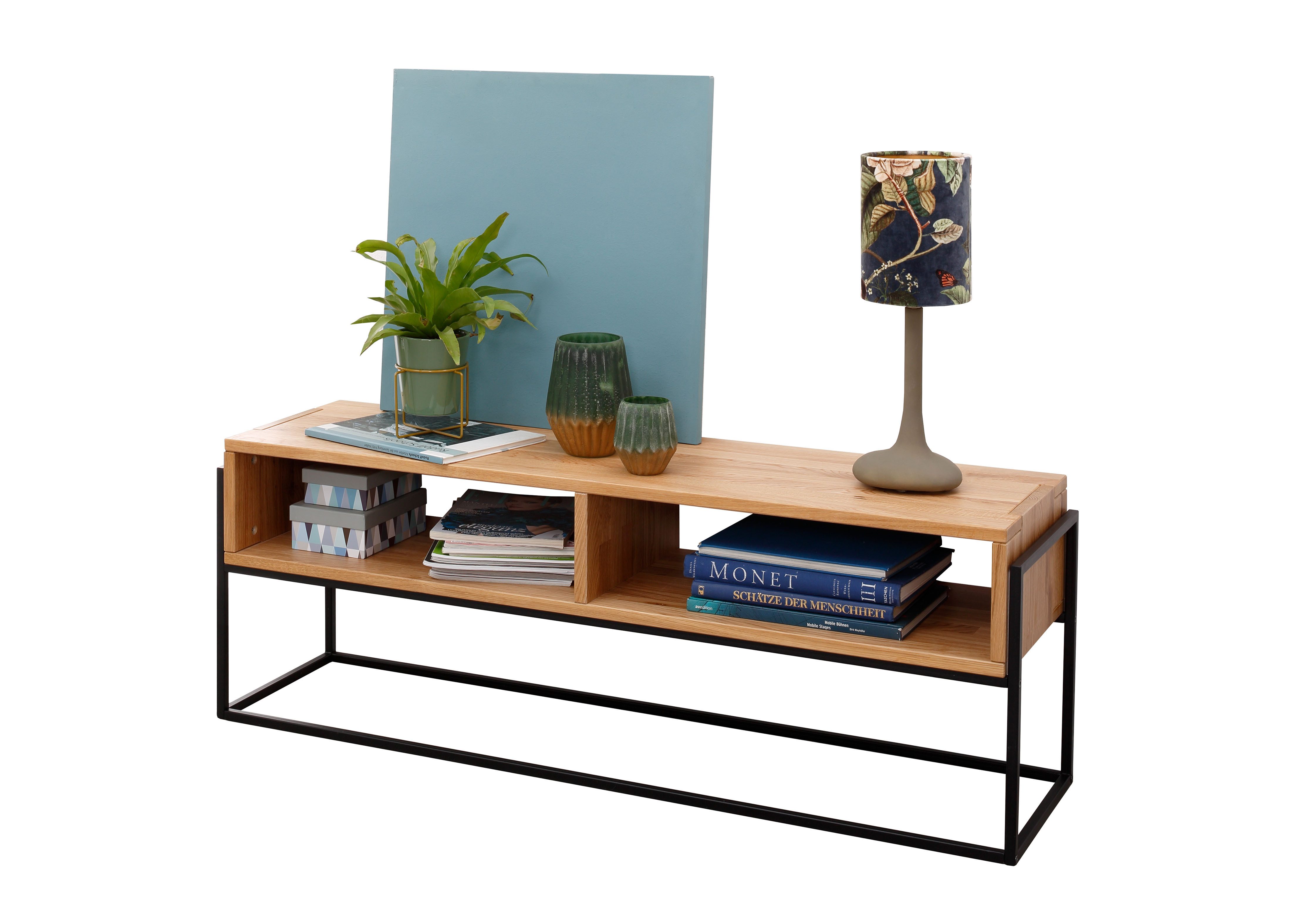 Woodroom Schuhbank Boise (123 × 45 × 35 cm; mit zwei offenen Fächern), Bank mit Stauraum, massive Wildeiche geölt