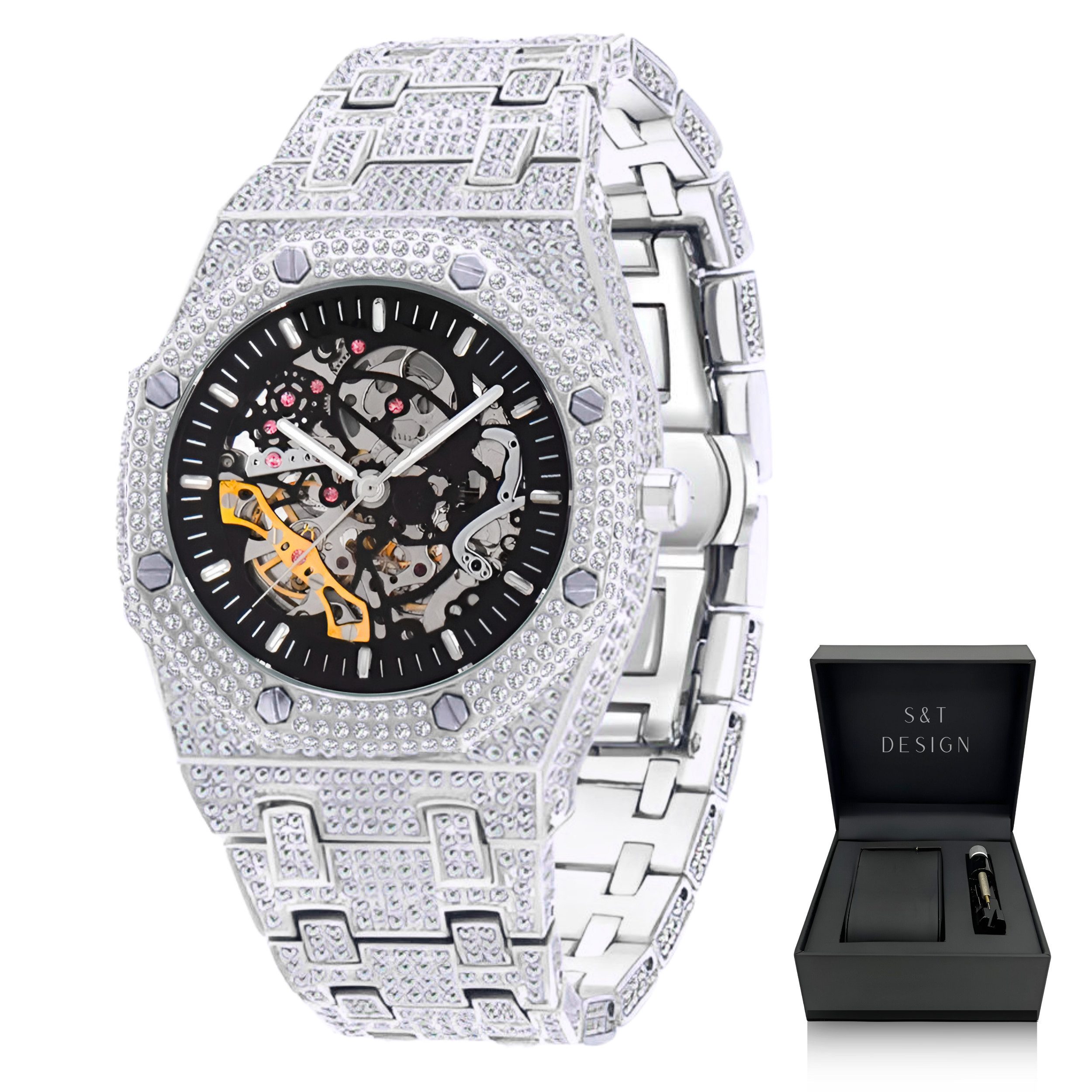 S&T Design Automatikuhr Iced Out Uhr Armbanduhr Herrenuhr Mechanische Skele günstig online kaufen