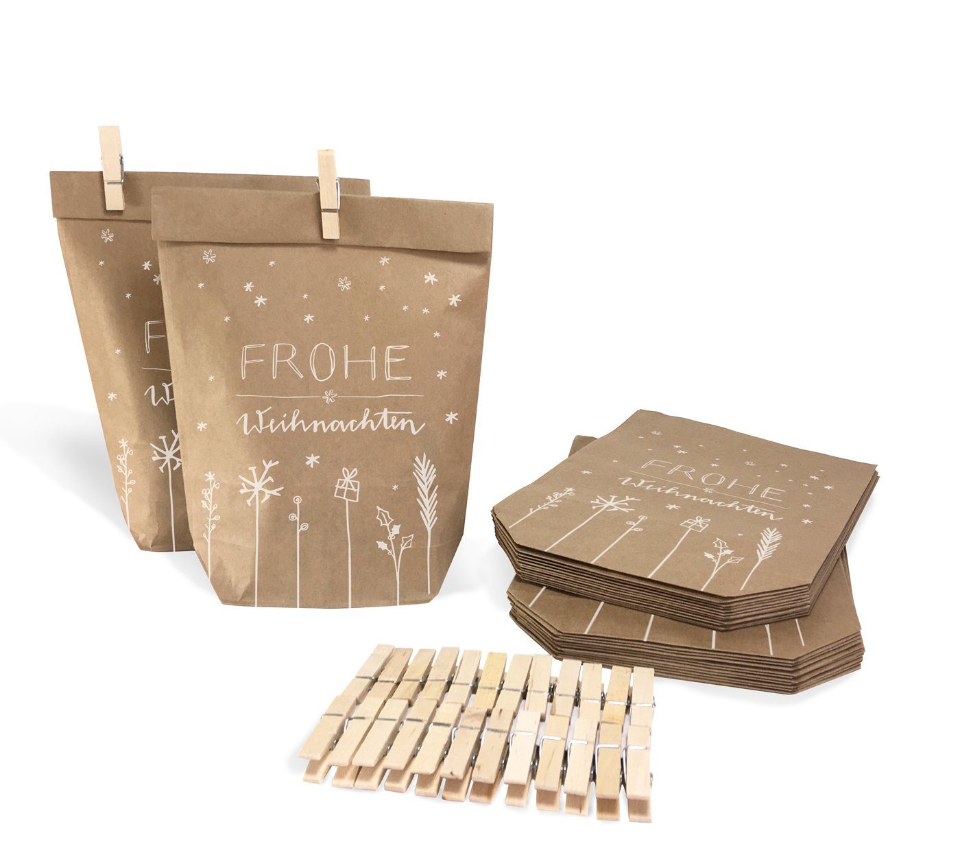 Eine der Guten Verlag Geschenkpapier 24 Geschenktüten - Frohe Weihnachten - mit 24 FSC-Holz Miniklammern