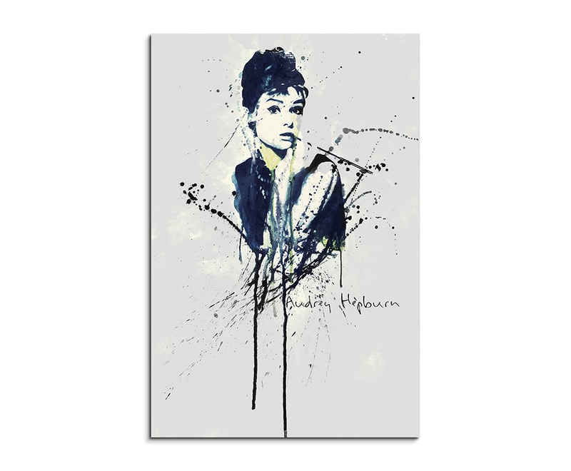 Sinus Art Leinwandbild Audrey Hepburn 90x60cm Aquarell Art Wandbild auf Leinwand fertig gerahmt Original Sinus Art