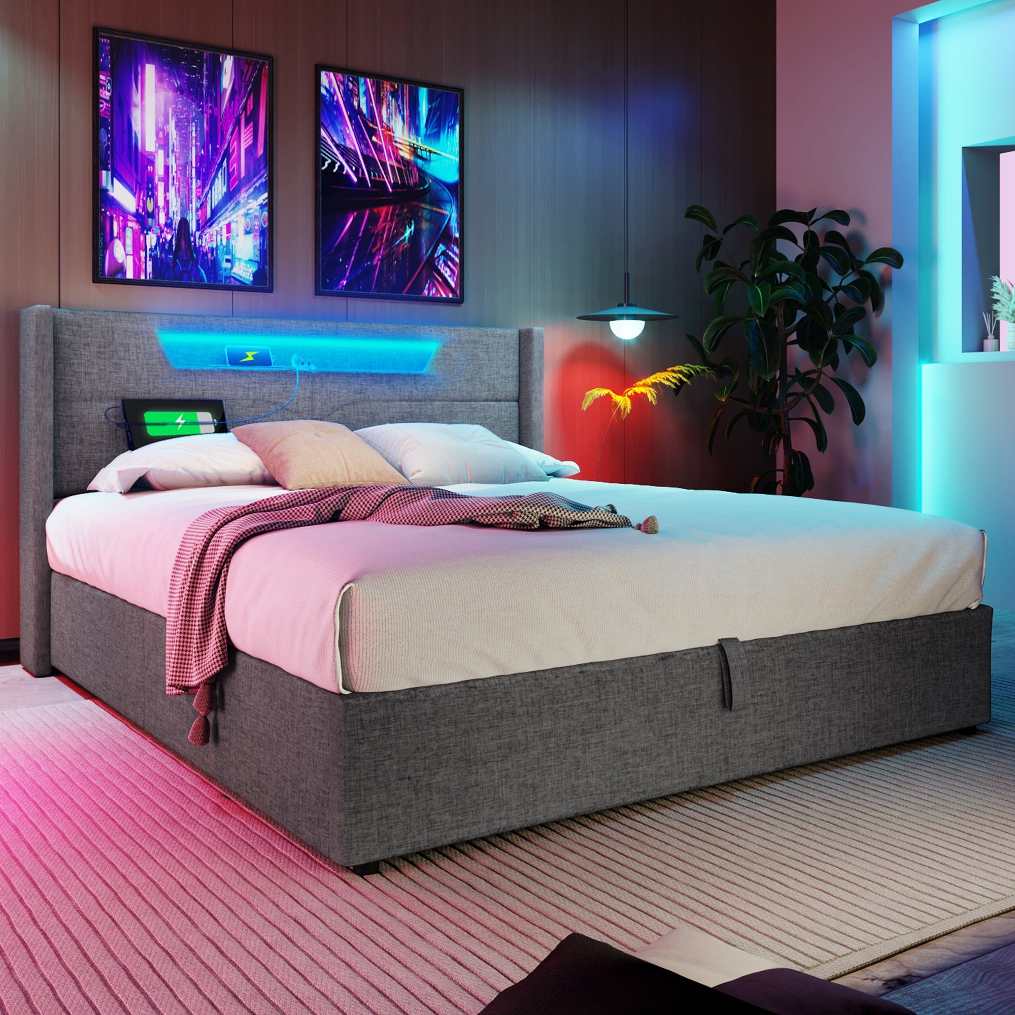 OKWISH Polsterbett LED Doppelbett mit USB günstig online kaufen