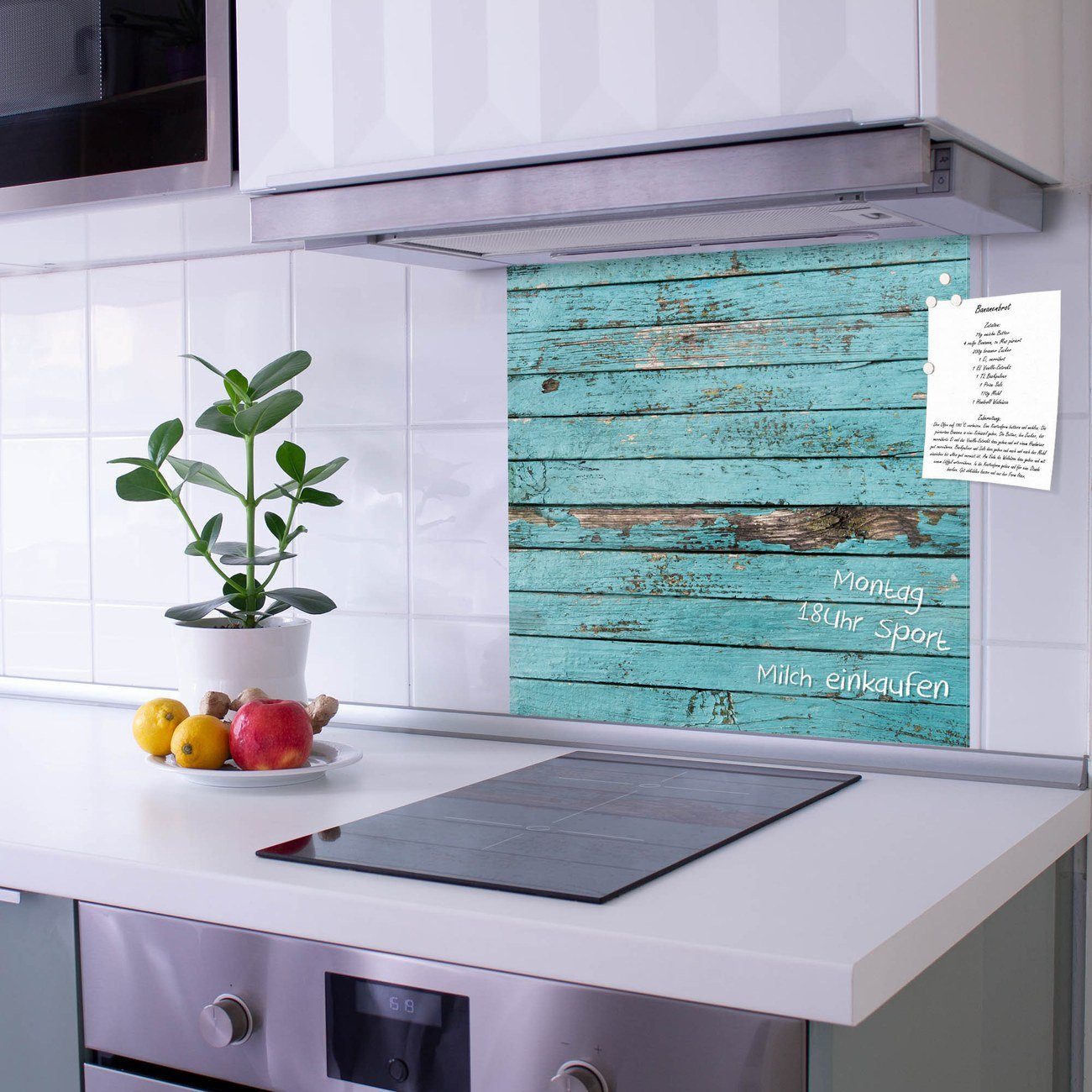 banjado Küchenrückwand Küchenrückwand Blaue Holzlatten, (gehärtetes Glas, inklusive 4 Magnete & 1 Kreidestift)
