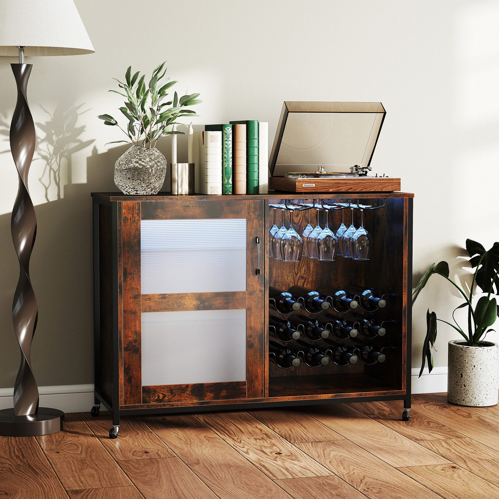 KOMFOTTEU Weinschrank Barschrank mit Beleuchtung, Rollen, Weinregal & Glashalter – Bild 2 von 5