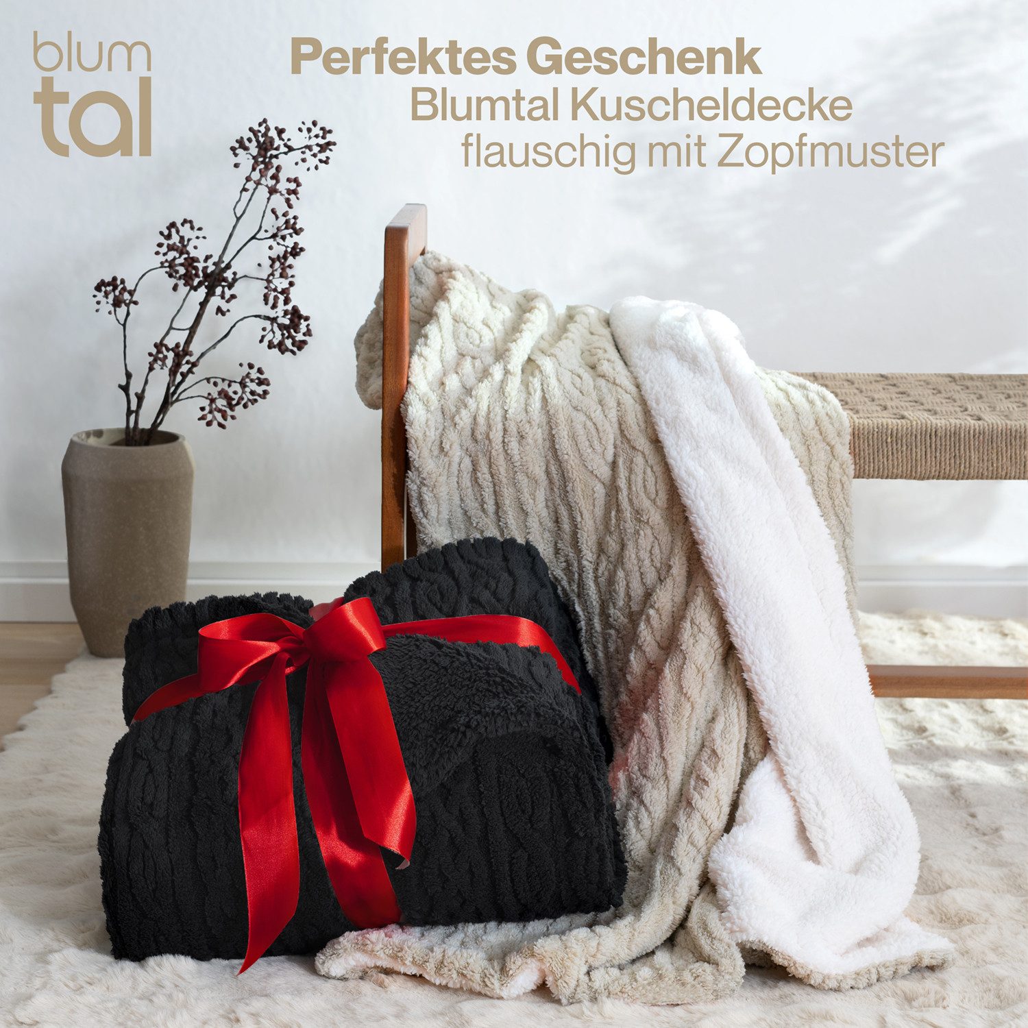 Wohndecke Oeko-TEX zertifizierte waschbare Wohn- & Kuscheldecke, Blumtal, mit weicher Sherpa-Innenseite – Bild 4 von 5