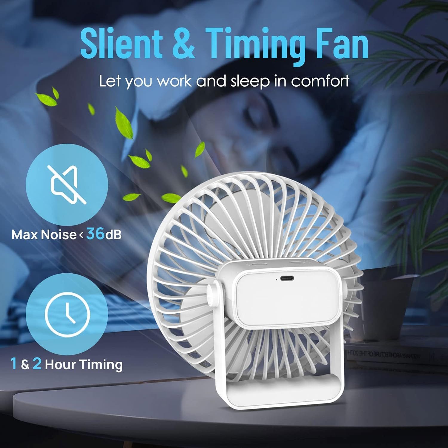 COZII Tischventilator Kompakter Ventilator mit LED Licht Festival Büro Outdoor Camping Reise, Leistungsstarker Akku geräuscharm 4 Stufen Standventilator USB-C