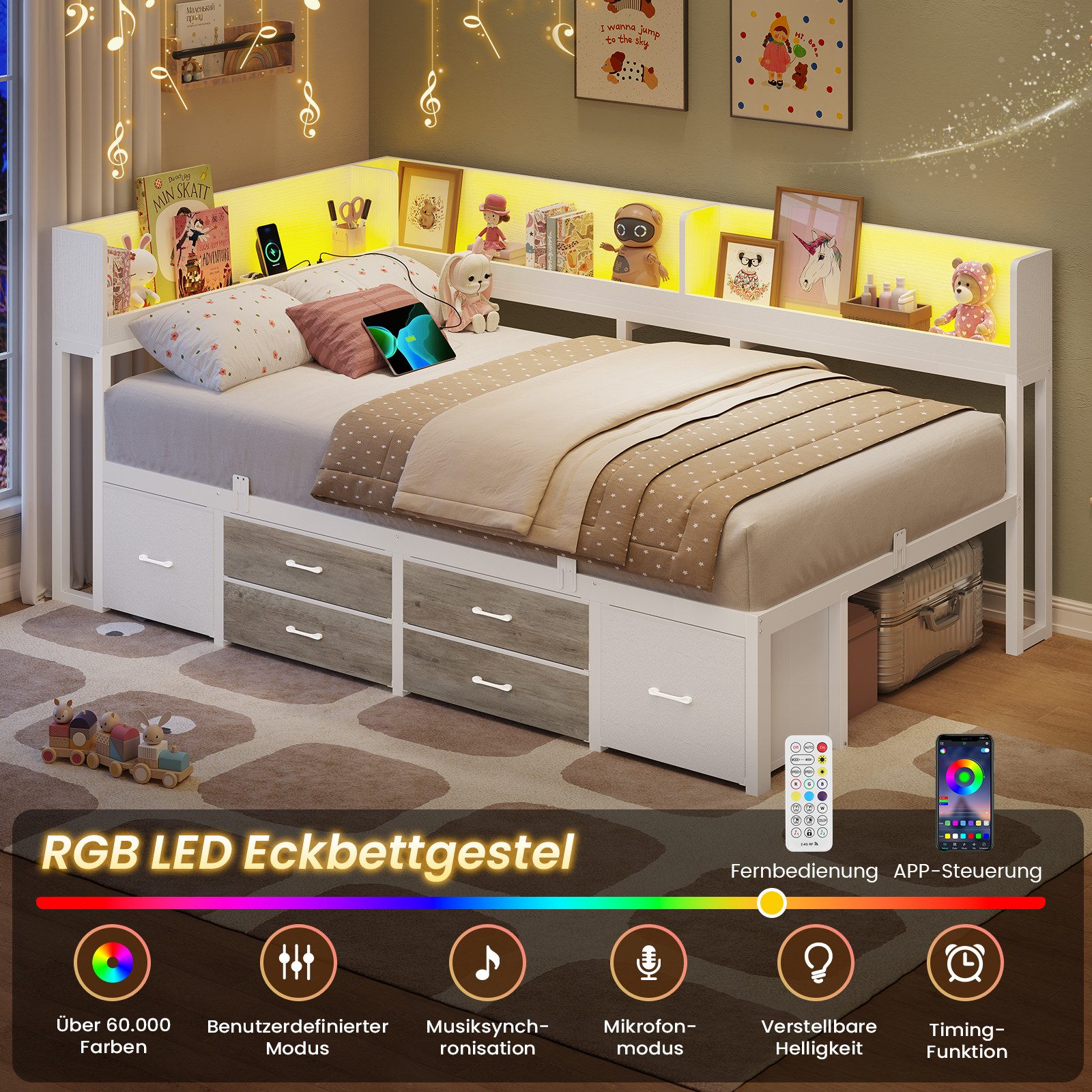 MSMASK Daybett Schlafsofa mit LED-Beleuchtung & Ladestation, Jugendbett Kinderbett, mit Integriertem Bücherregal & 6 Schubladen, 90x190cm – Bild 5 von 5