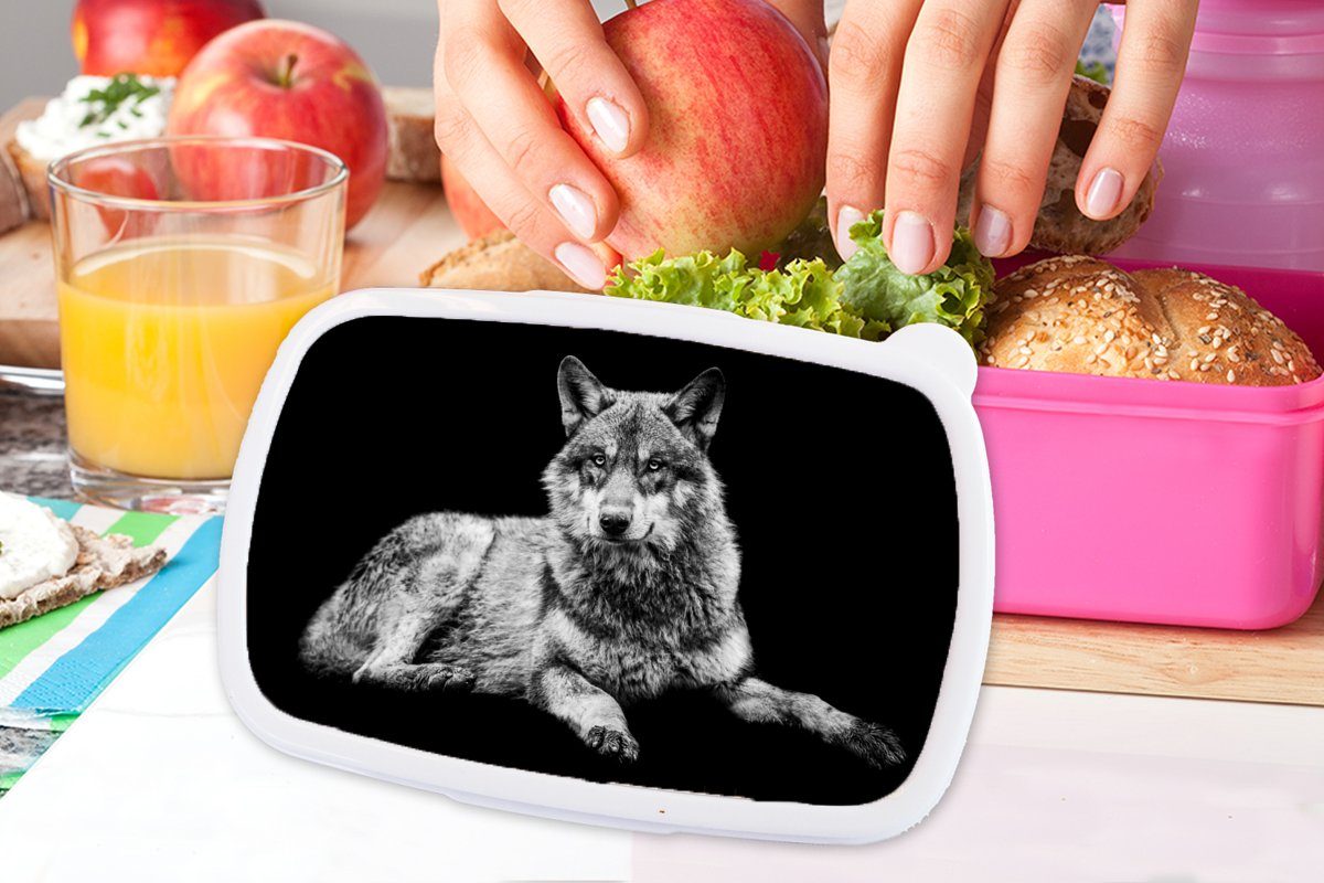 MuchoWow Lunchbox Wildlife - Wolf Snackbox, Mädchen, rosa - für Kunststoff Schwarz Weiß, Brotdose Kunststoff, - (2-tlg), Kinder, Erwachsene, Brotbox
