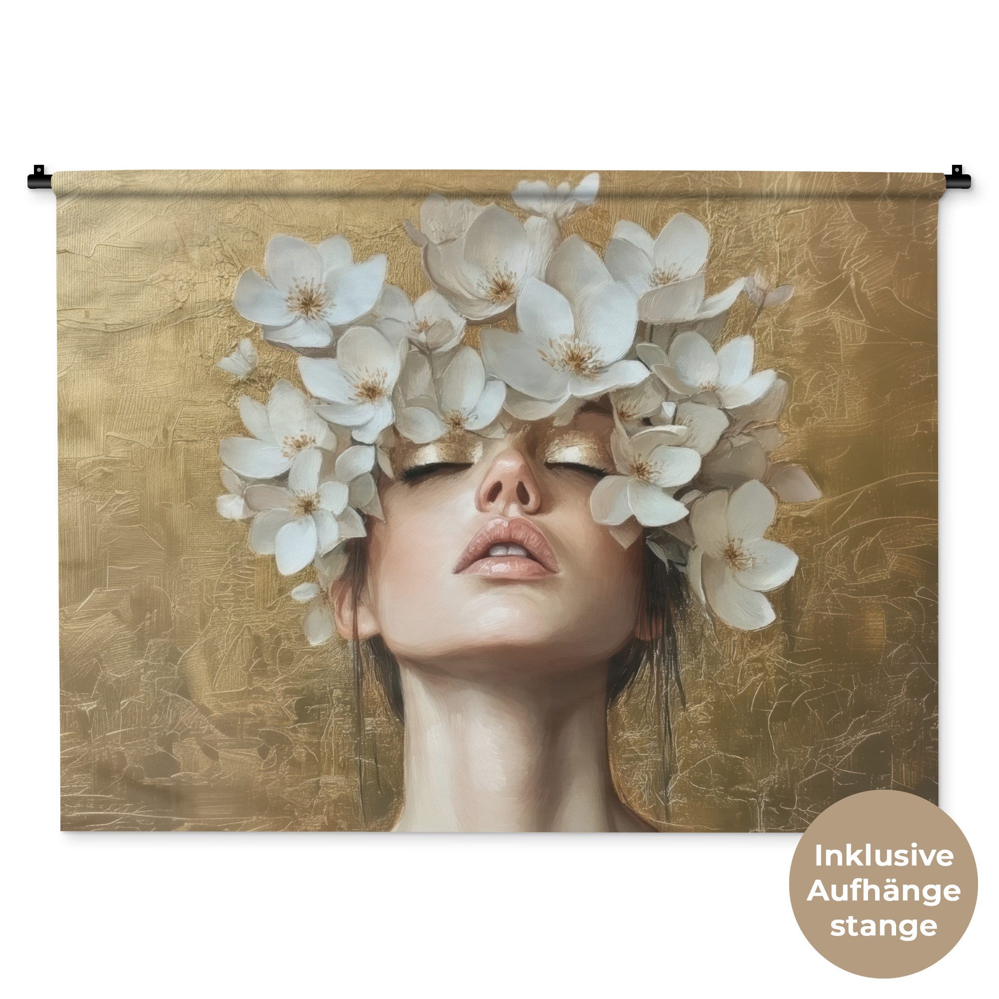 MuchoWow Wandteppich Gesicht - Blumen - Gold - Abstrakt, Rechteckig, Höhe: 3 mm, Wanddeko Teppich Wohnzimmer, Schlafzimmer, 120x90 cm