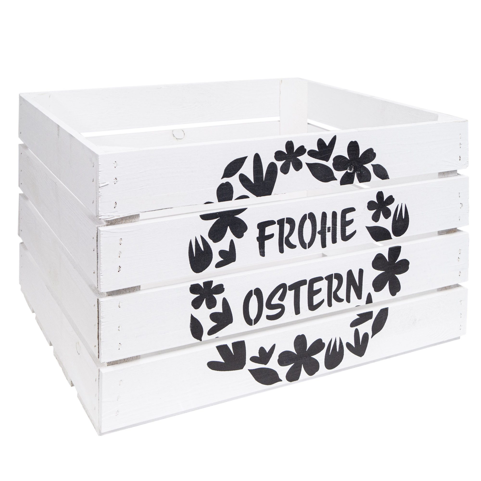 Kistenkolli Altes Land Allzweckkiste Holzkiste Ostermotiv Frohe Ostern 50x40x30 cm Weiss Osterkiste
