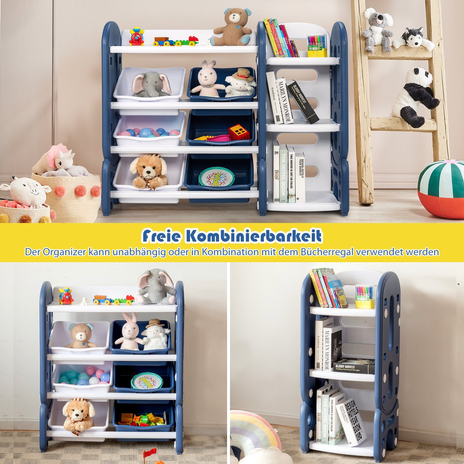 COSTWAY Eckregal Spielzeugregal, mit 6 4 Ablagen und Aufbewahrungsboxen Blau