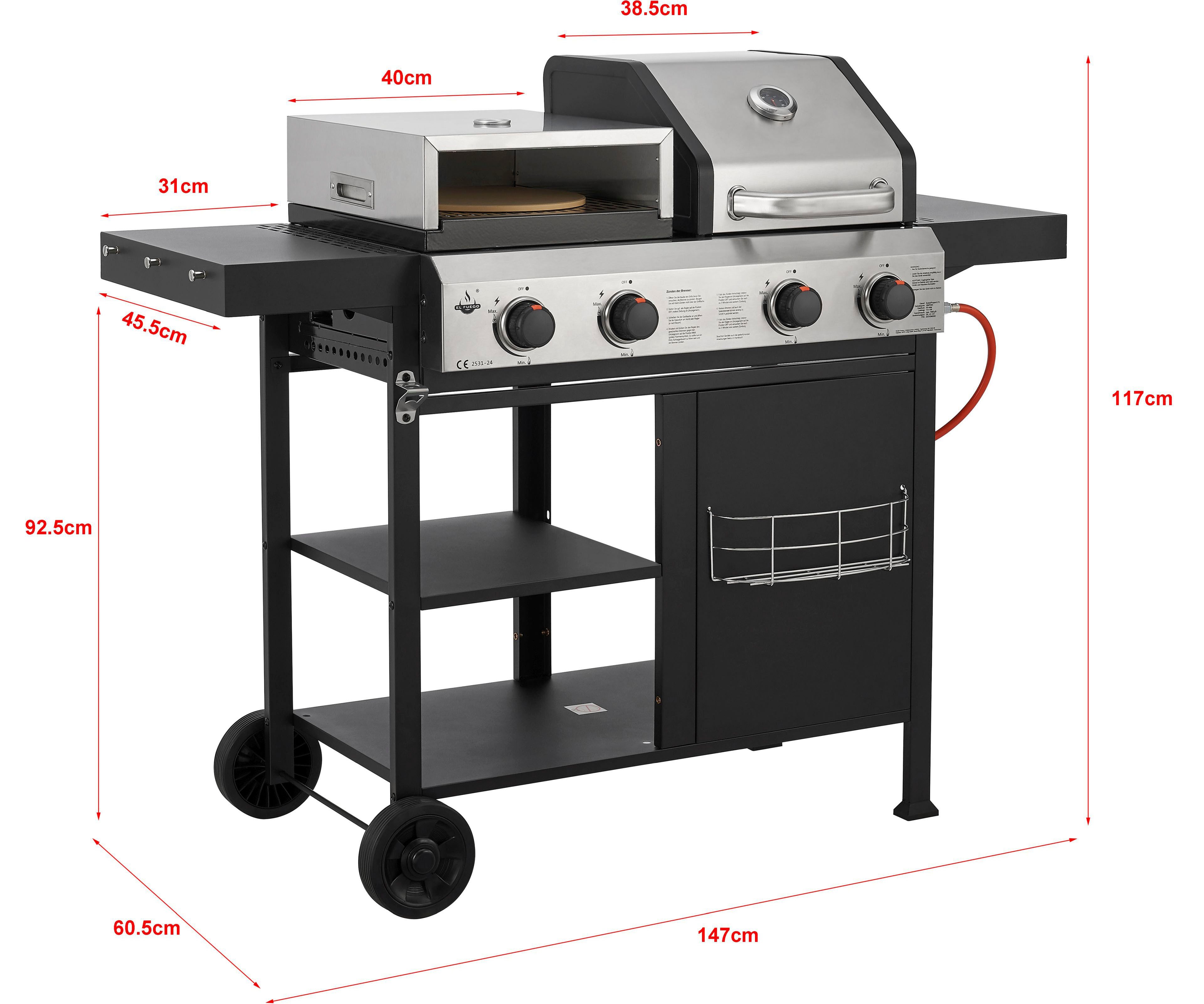 El Fuego Gasgrill Kombigrill 3-in-1 Boston, inkl. Pizzastein und Planchaplatte als Zubehör