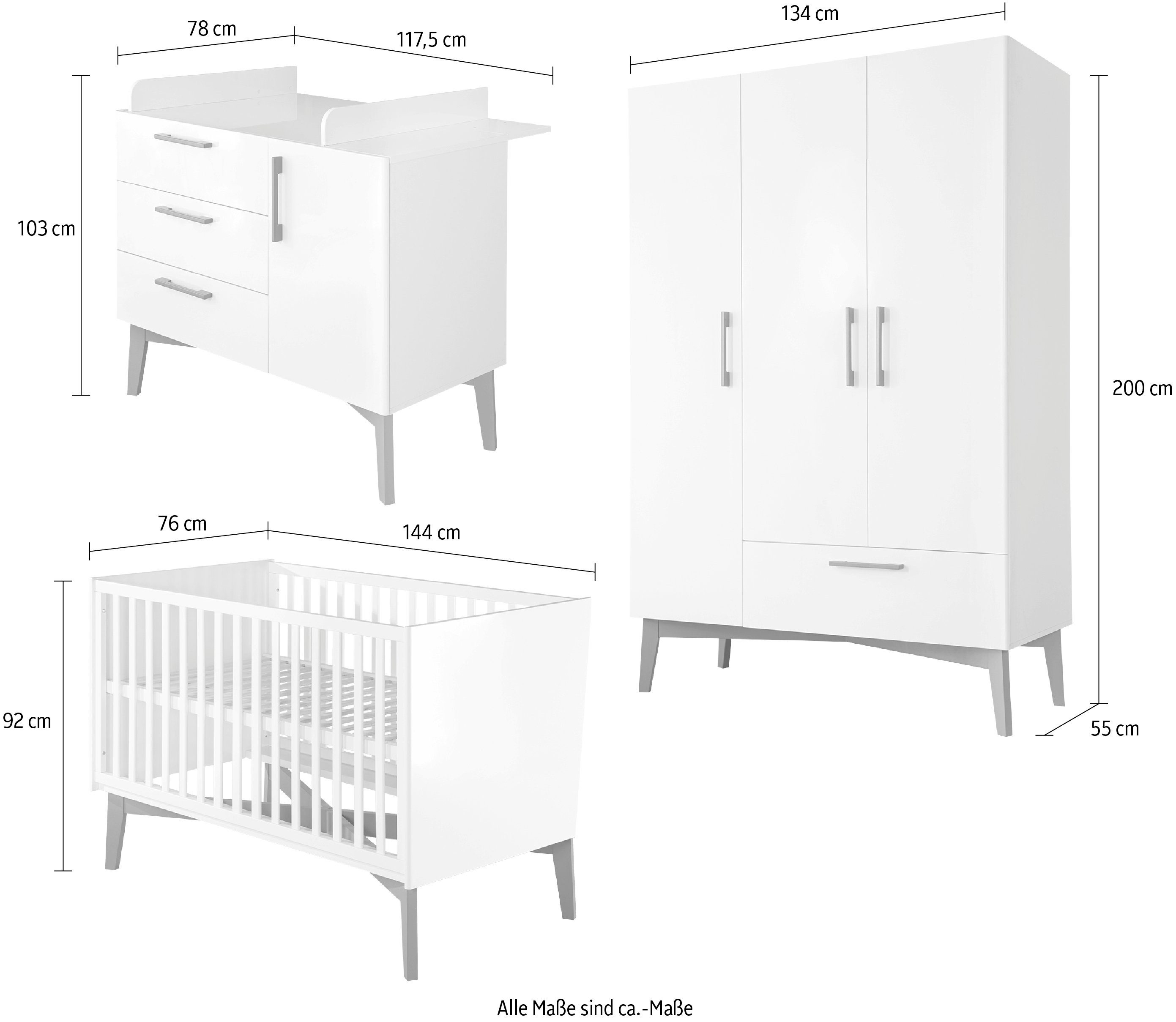 roba® Babyzimmer-Komplettset Mika, (Set, 3-St., Füßen Retro Kleiderschrank, Look Wickelkommode), im mit grauen Kombi-Kinderbett