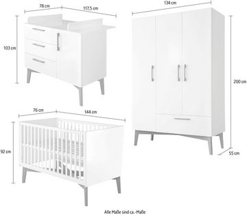 roba® Babyzimmer-Komplettset Mika, (Set, 3-St., Kombi-Kinderbett, Kleiderschrank, Wickelkommode), mit grauen Füßen im Retro Look
