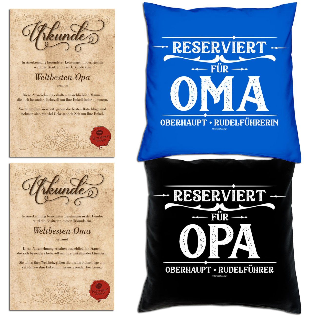 Soreso® Dekokissen Kissen-Set Reserviert für Opa Reserviert für Oma mit Urkunden, Vatertagsgeschenk Muttertagsgeschenk Set royal-blau