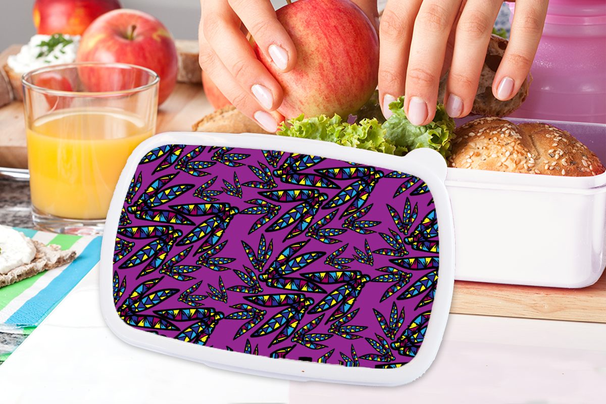 MuchoWow Lunchbox Federn - Kunststoff, für weiß und - Jungs - Brotbox Federn Lila, Erwachsene, und Mädchen für Muster (2-tlg), Brotdose, Kinder