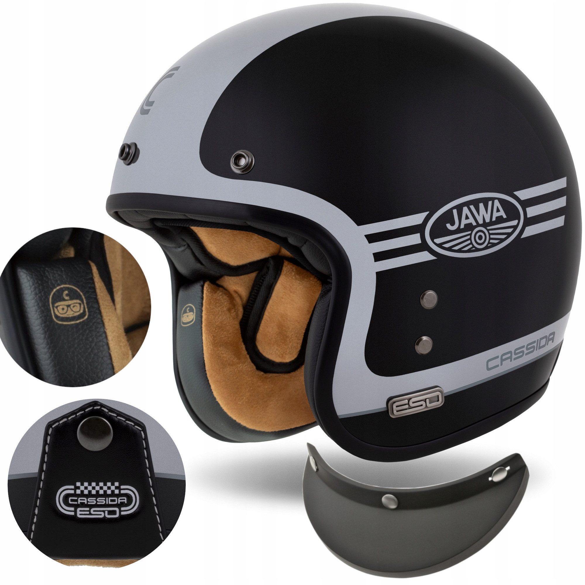 Cassida Helmets Motorradhelm Eso JAWA Panel BlackOut glänzend perlschwarz/anthrazit/silbern (Premium-Helm), leichter Glasfaserhelm in 5 Schalengrößen erhältlich