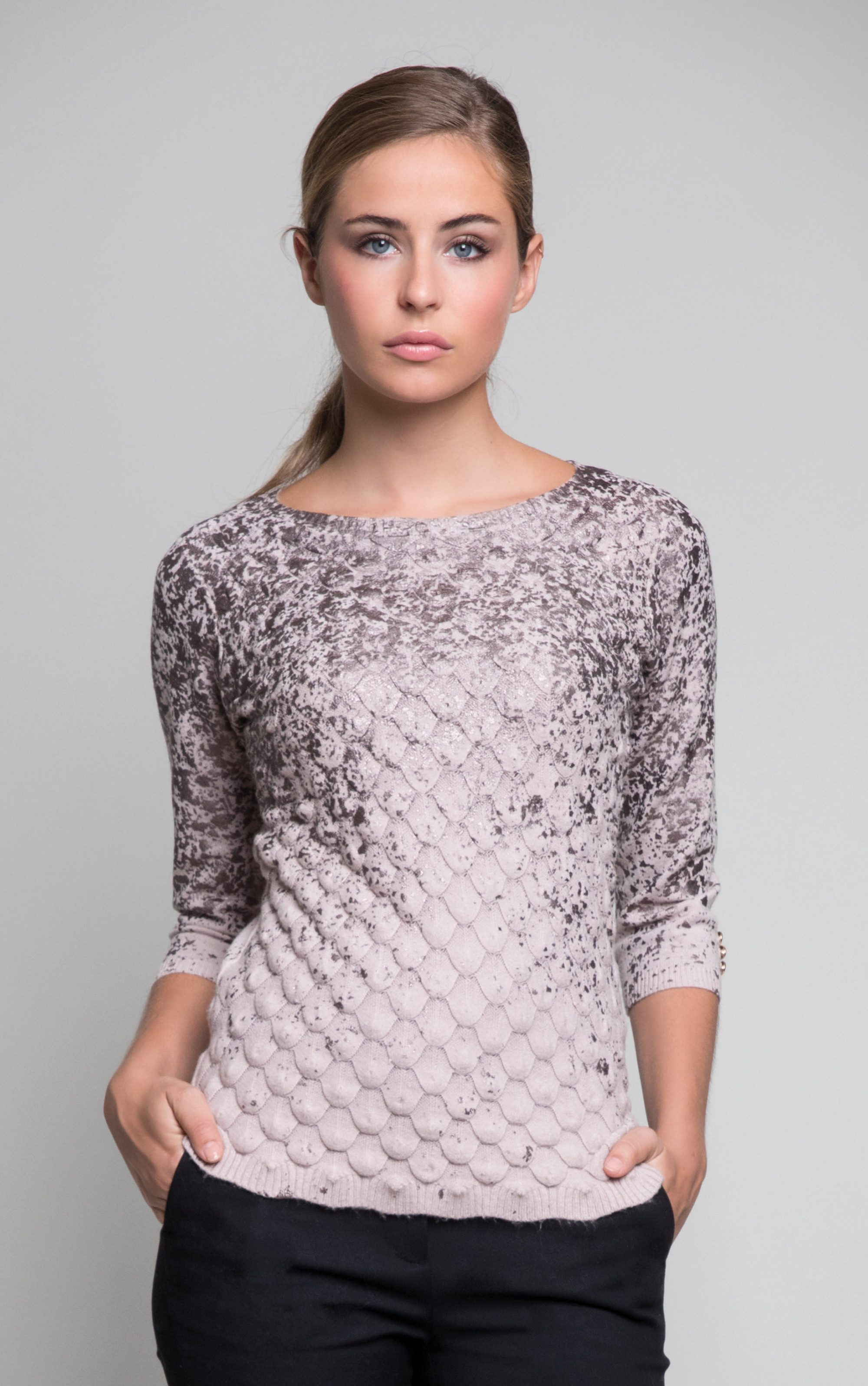 Passioni Strickpullover mit 3/4-Ärmeln und Metallic-Folienverzierung günstig online kaufen