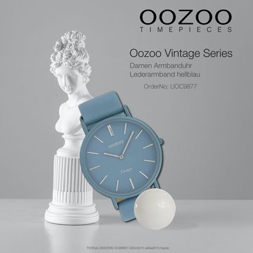 OOZOO Quarzuhr Oozoo Damen Armbanduhr hellblau, (Analoguhr), Damenuhr rund, groß (ca. 44mm) Lederarmband, Fashion-Style