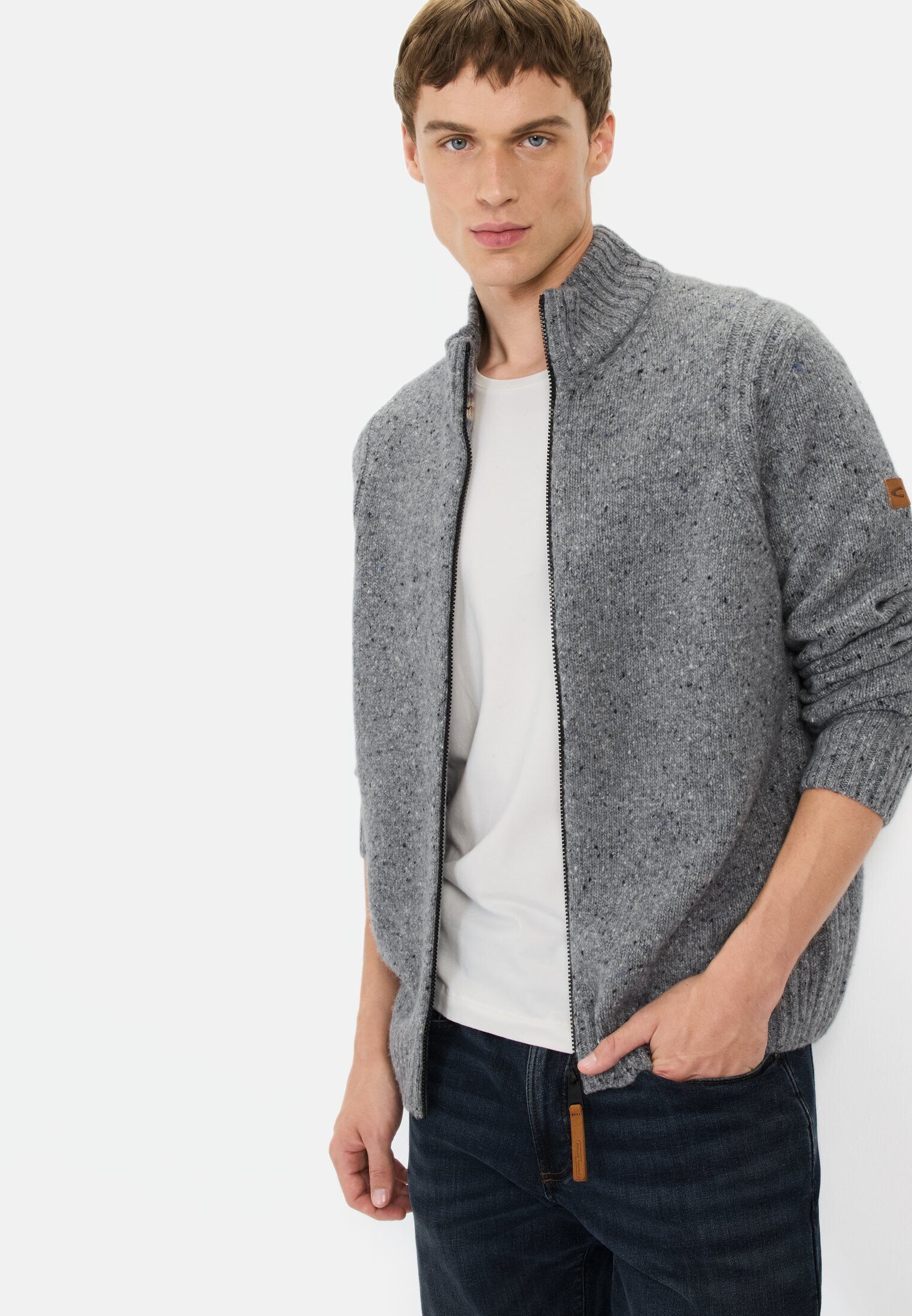 camel active Strickjacke aus nachhaltiger Merinowolle Langarm Stehkragen Stehkragen