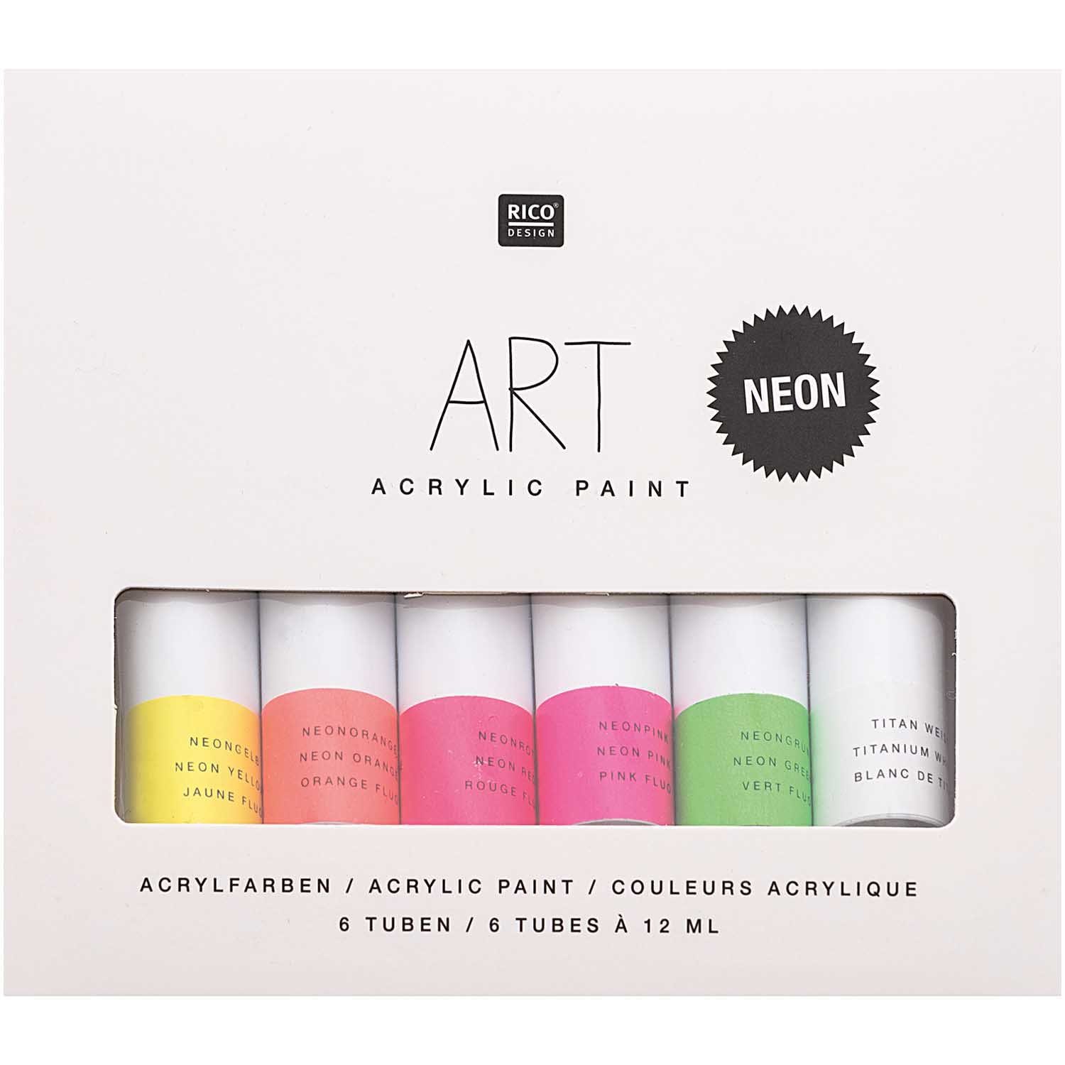 Rico-Design Verlag Kreativset Rico Design ART Künstler Acrylfarben-Set Neon, (Ideales Starter-Set, 6 Farben je 12 ml Tuben), Malfarbe für Anfänger, Profikünstler, Kinder & Erwachsene