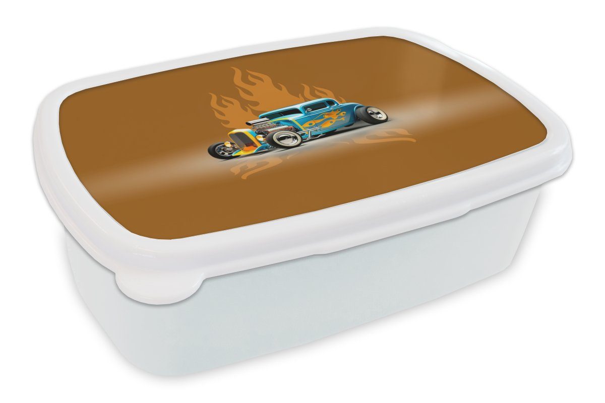 MuchoWow Lunchbox Auto - Gelb - Flammen - Vintage, Kunststoff, (2-tlg), Brotbox für Kinder und Erwachsene, Brotdose, für Jungs und Mädchen weiß